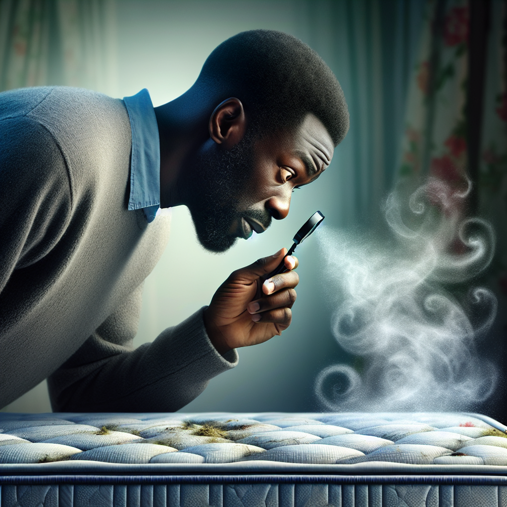 A person with a disgusted or worried expression, sniffing a mattress that looks slightly damp and uninviting. Subtle, faint grayish-green patches or a general dingy appearance hint at mold or mildew. A faint, swirling cloud representing a musty odor emanates from the mattress. The setting is a somewhat dim, unkempt bedroom, emphasizing the problem. Realistic, high detail.