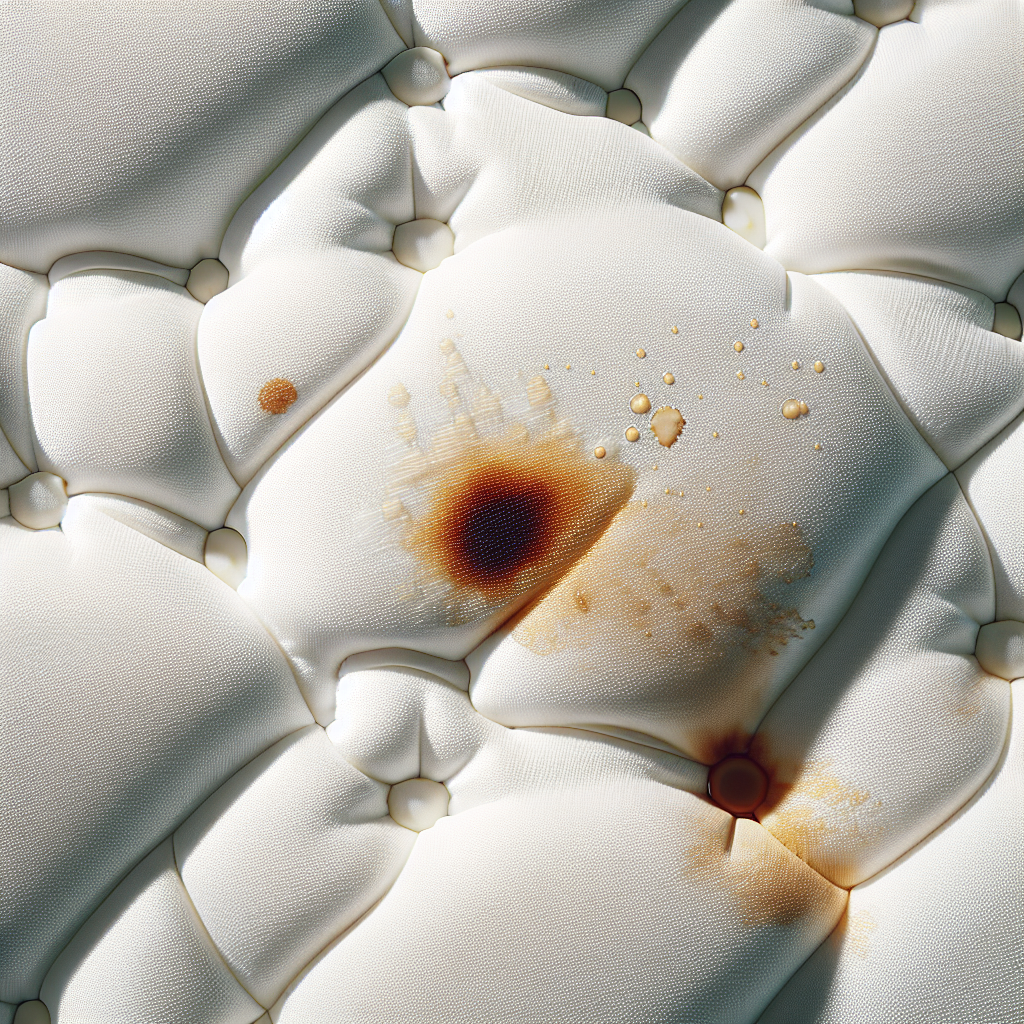 A close-up shot of a white mattress showing multiple distinct and common stains: a dark coffee spill, a dried yellowish sweat stain, and a small reddish blood spot. The texture of the mattress fabric is visible, conveying a sense of needing cleaning. Realistic style, natural lighting, high detail.