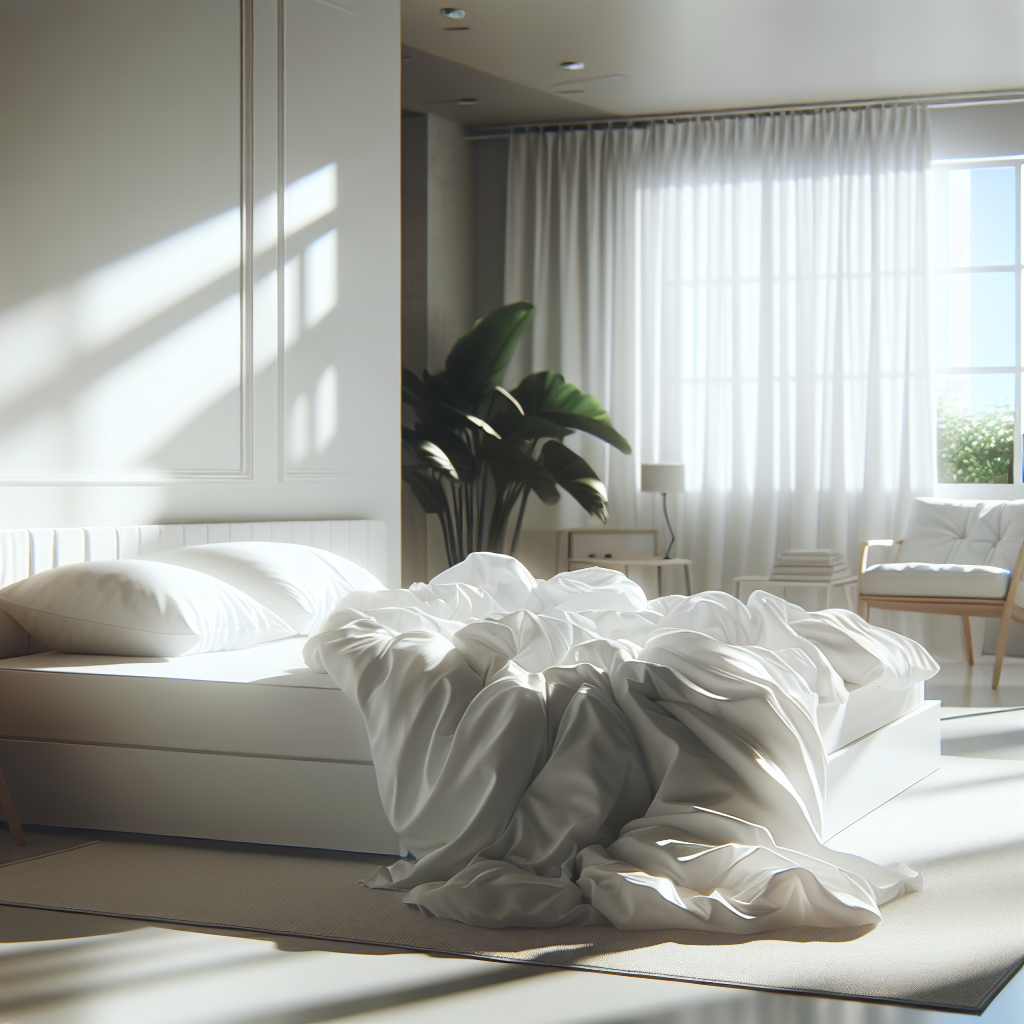 A pristine, clean white mattress with crisp, freshly made white bedding, bathed in warm natural sunlight filtering through a window in a bright, inviting bedroom. A sense of freshness, hygiene, and comfort is conveyed. Minimalist background, realistic style, soft focus on the mattress.