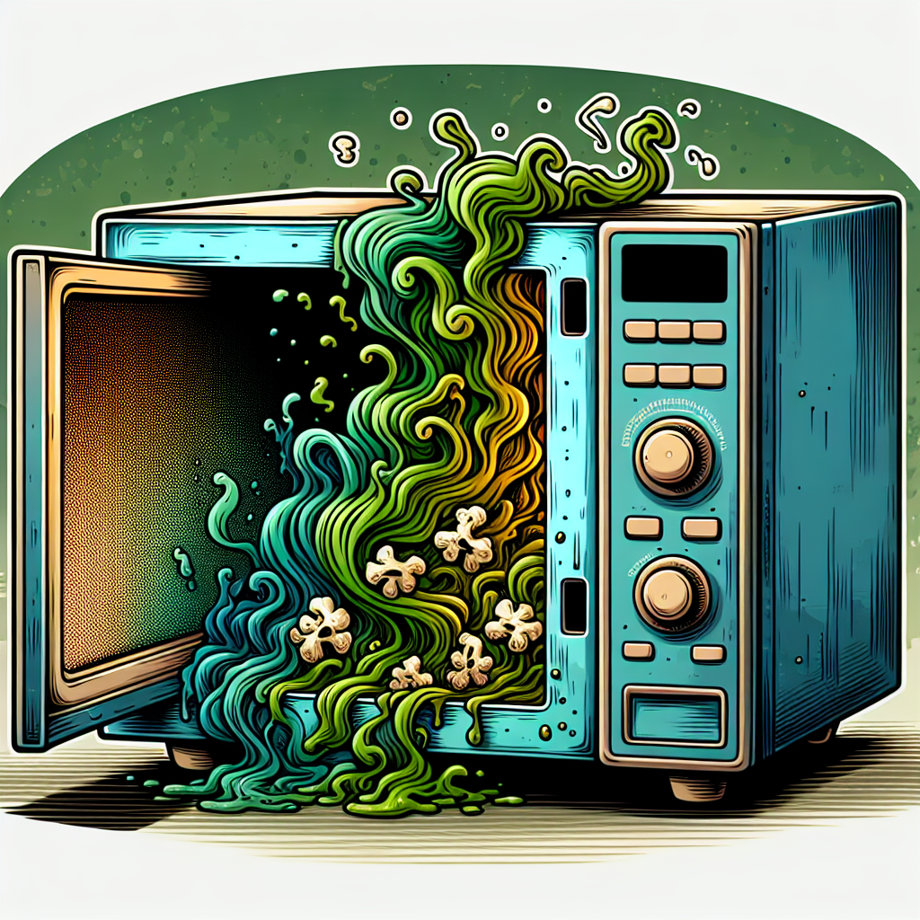 A cartoonish illustration of a microwave oven with visible, strong, green and brown wavy odor lines wafting out of its open door. Inside the microwave, there are subtle remnants of food like a piece of fish or burnt popcorn kernels, hinting at the source of the bad smell. The overall atmosphere should convey unpleasantness and a need for cleaning. Bright, slightly exaggerated colors, high detail.