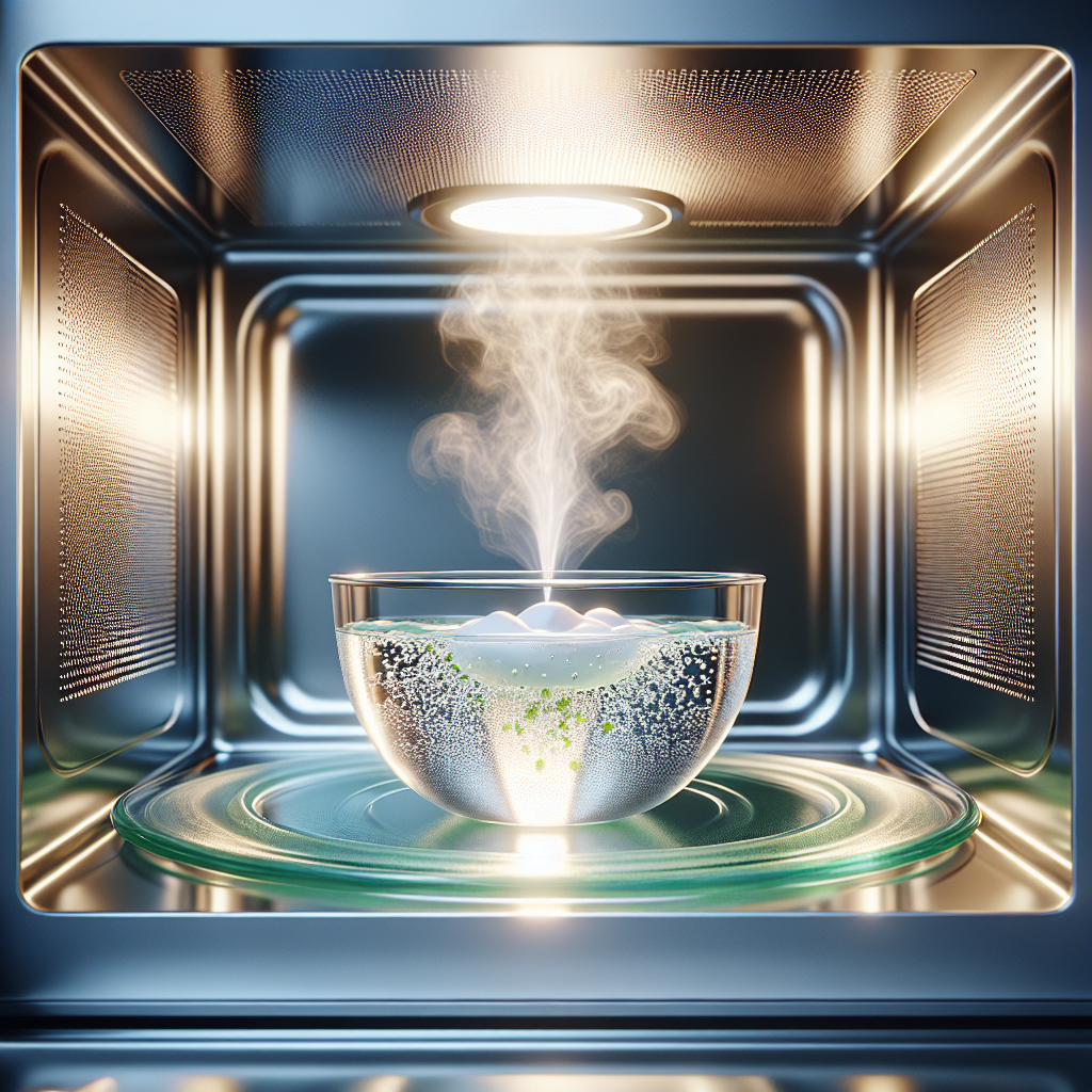 A close-up, photorealistic shot of the inside of a sparkling clean, modern microwave oven. A small, clear glass bowl filled with water and a few drops of white vinegar is placed on the turntable. Gentle steam or fresh, clean air visually rises from the bowl, symbolizing odor neutralization and freshness. The microwave interior looks inviting and pristine. Bright, fresh colors, soft lighting.