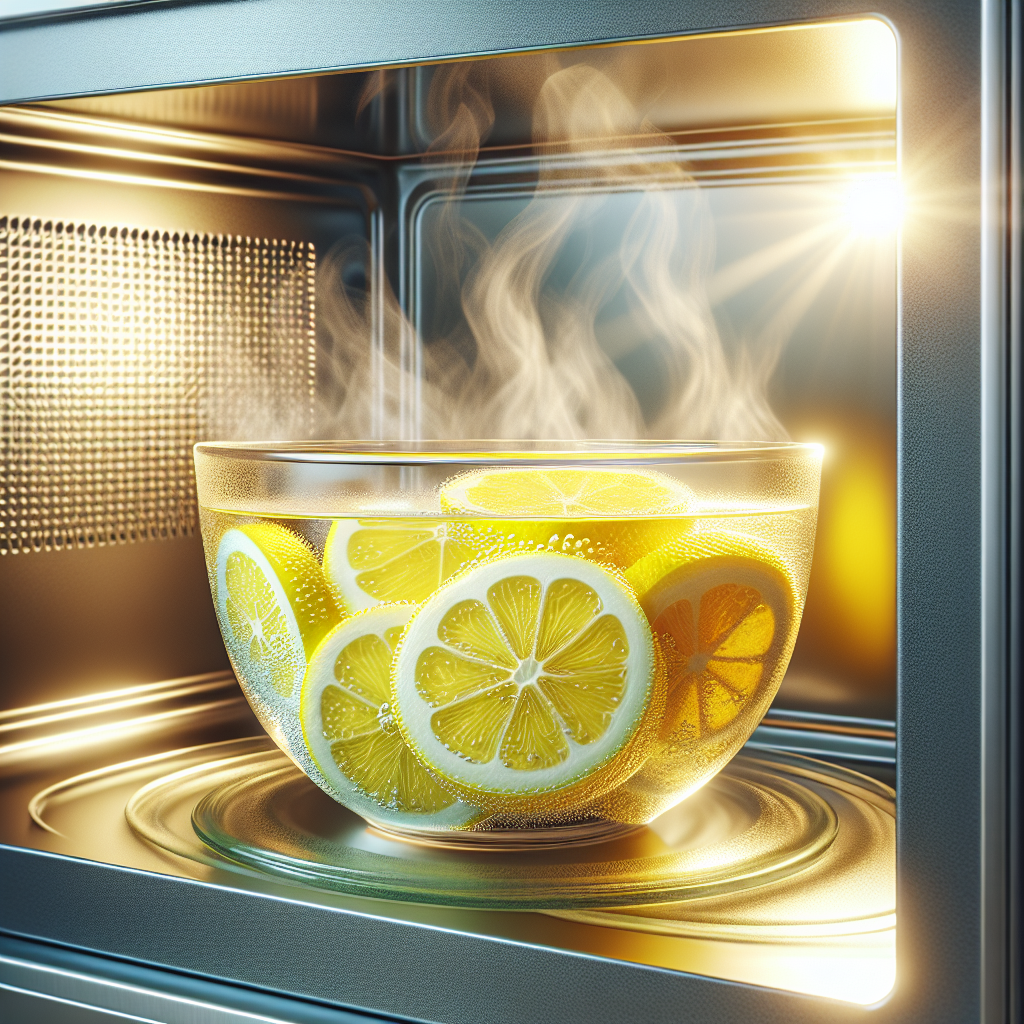 A close-up shot of the inside of a clean microwave, with a clear glass bowl containing water and several bright yellow lemon slices. Gentle steam is rising, creating a fresh and clean atmosphere. Bright, natural light illuminates the scene, emphasizing natural cleaning and a pleasant citrus scent. Realistic style, high detail.