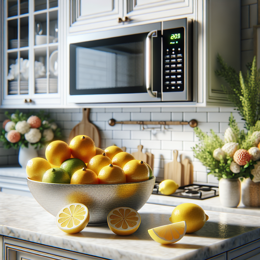 A sparkling clean and inviting microwave interior, viewed from a slight angle, with its door open. In the foreground, on a pristine kitchen counter, sits a decorative bowl filled with fresh, vibrant whole lemons and lemon halves. The scene exudes freshness, cleanliness, and a natural, zesty aroma. High-key photography, bright and airy.