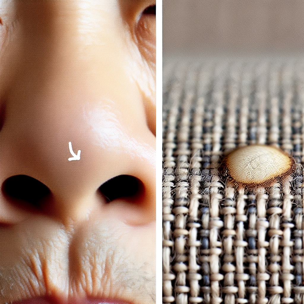 A close-up shot of a person's slightly wrinkled nose and a subtle look of displeasure, next to a small, dried milk stain on a light-colored fabric couch cushion. The background shows a soft-focus living room. The image should convey the unpleasantness of a lingering bad smell, realistic, natural lighting, high detail.