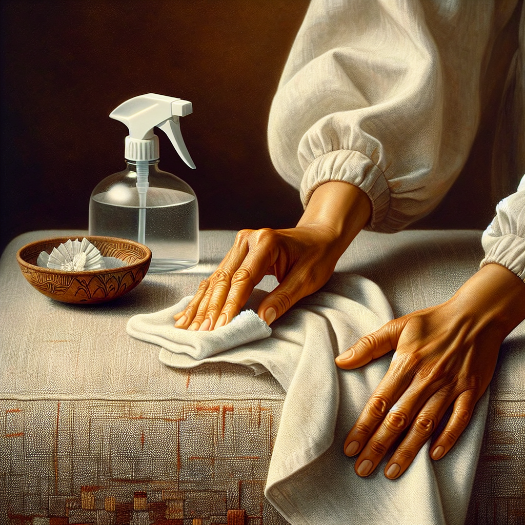 A person's hands are gently dabbing a light-colored fabric couch cushion with a clean, white, damp cloth, focusing on cleaning a subtle spot. A spray bottle and a small bowl of water are visible nearby on a small table. The scene depicts careful action and a practical household task. Realistic, well-lit, clean aesthetic.