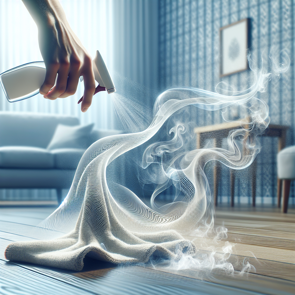 A clean, bright image showing a subtle, almost invisible wispy cloud of unpleasant milk smell dissipating from a surface (like a floor or fabric), being actively neutralized by a gentle cleaning action, such as a hand wiping with a cloth or spraying a mist. The overall mood is one of freshness and relief, symbolizing 'removing milk smell'.