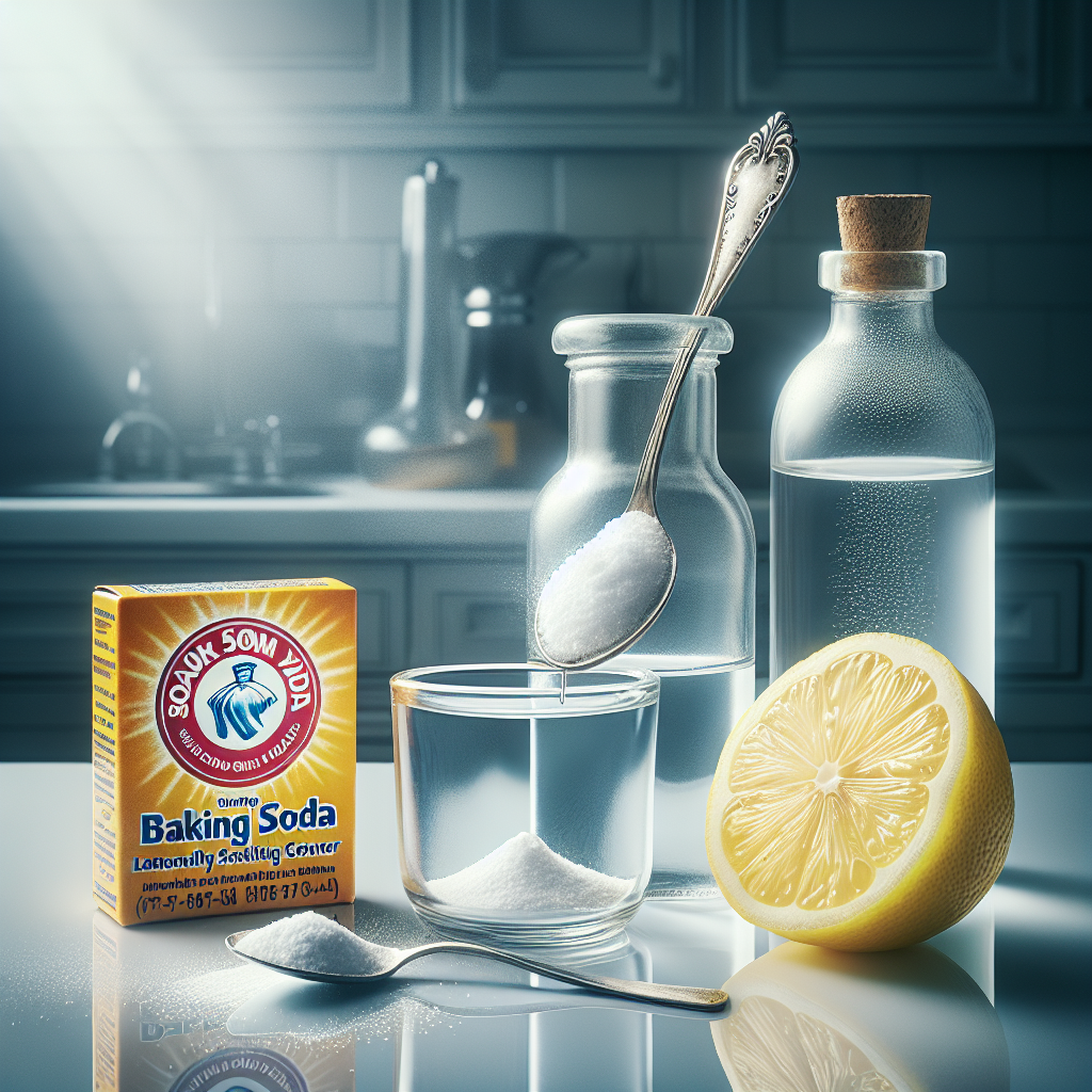 A vibrant, well-lit still life on a clean kitchen counter featuring natural home remedies for removing odors: a small, opened box of baking soda with a spoon, a bottle of white vinegar, and a sliced lemon. The composition should convey effectiveness and natural solutions for cleaning.
