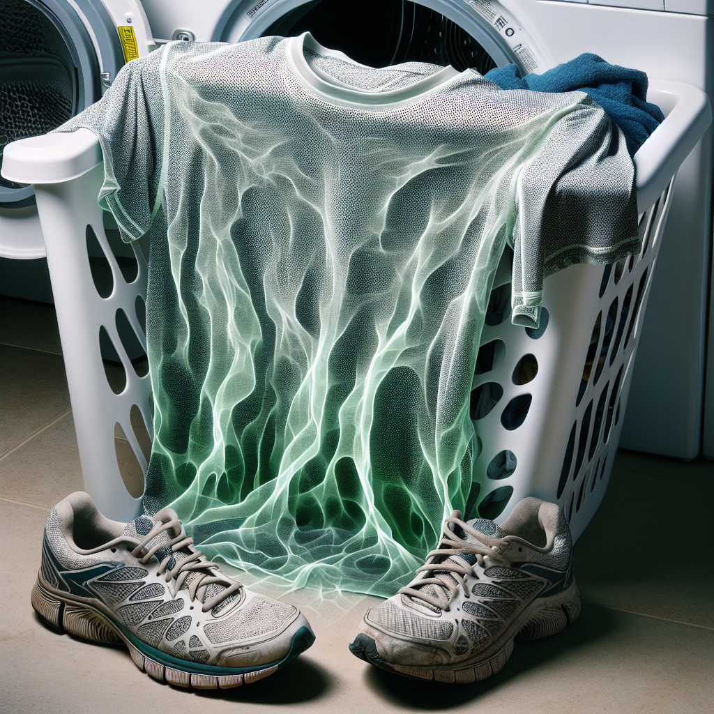 A close-up of a crumpled, sweaty running shirt lying in a laundry basket, with subtle, ethereal green wisps emanating from it, visually representing an unpleasant lactic acid smell. Next to it are a pair of well-worn athletic shoes. The background is blurred, suggesting a home laundry setting. Clean, modern photographic style.