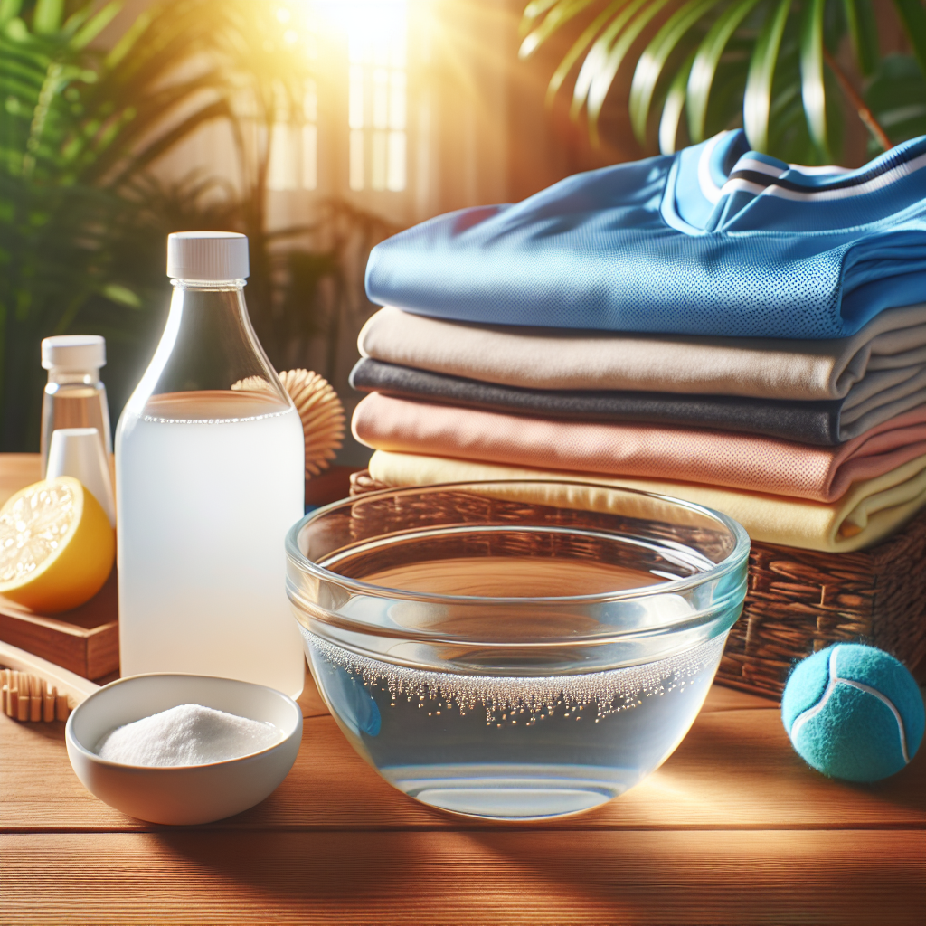 A bright, inviting scene showing a glass bowl filled with a clear liquid (representing diluted vinegar) next to a pile of folded sportswear (e.g., a synthetic t-shirt and shorts) ready for soaking. A small, elegant bottle of white vinegar and a box of baking soda are visible in the background on a clean wooden surface. Focus on natural light and a fresh aesthetic, symbolizing effective odor removal.