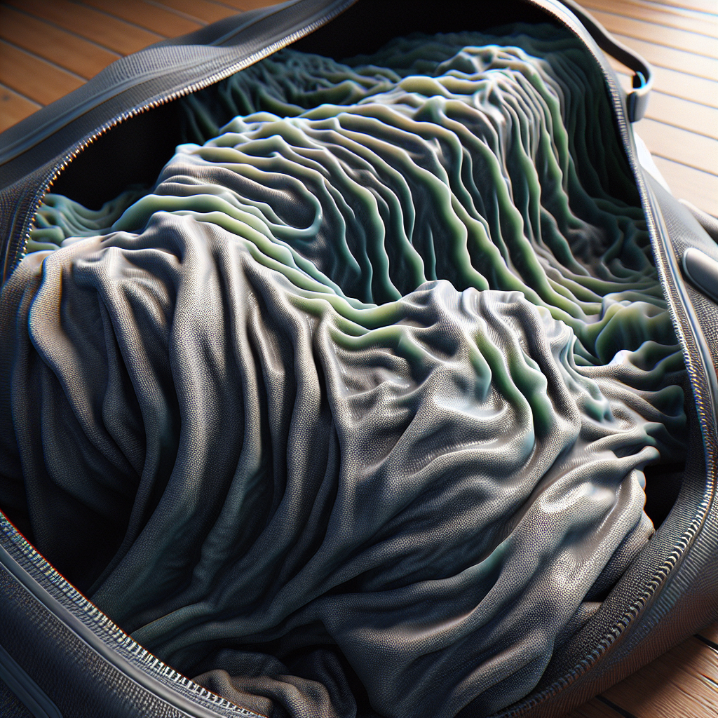 A close-up, photorealistic image of a crumpled, sweat-soaked gym shirt partially spilling out of an unzipped sports bag. A subtle, almost translucent, faint greenish-grey vapor or wavy lines emanate from the fabric, visually representing an unpleasant, sour lactic acid odor. The background is slightly out of focus, suggesting a locker room or laundry basket. Dim, realistic lighting accentuates the texture of the fabric. High detail.