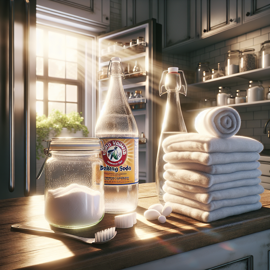 A brightly lit, clean, photorealistic image of a kitchen counter with clear glass jars of baking soda and a rustic bottle of white vinegar prominently displayed. In the foreground, a stack of freshly laundered, white towels or a sparkling clean, empty refrigerator shelf. Sunlight streams in from a nearby window, casting a warm glow and emphasizing a sense of freshness, cleanliness, and natural remedies. High detail.