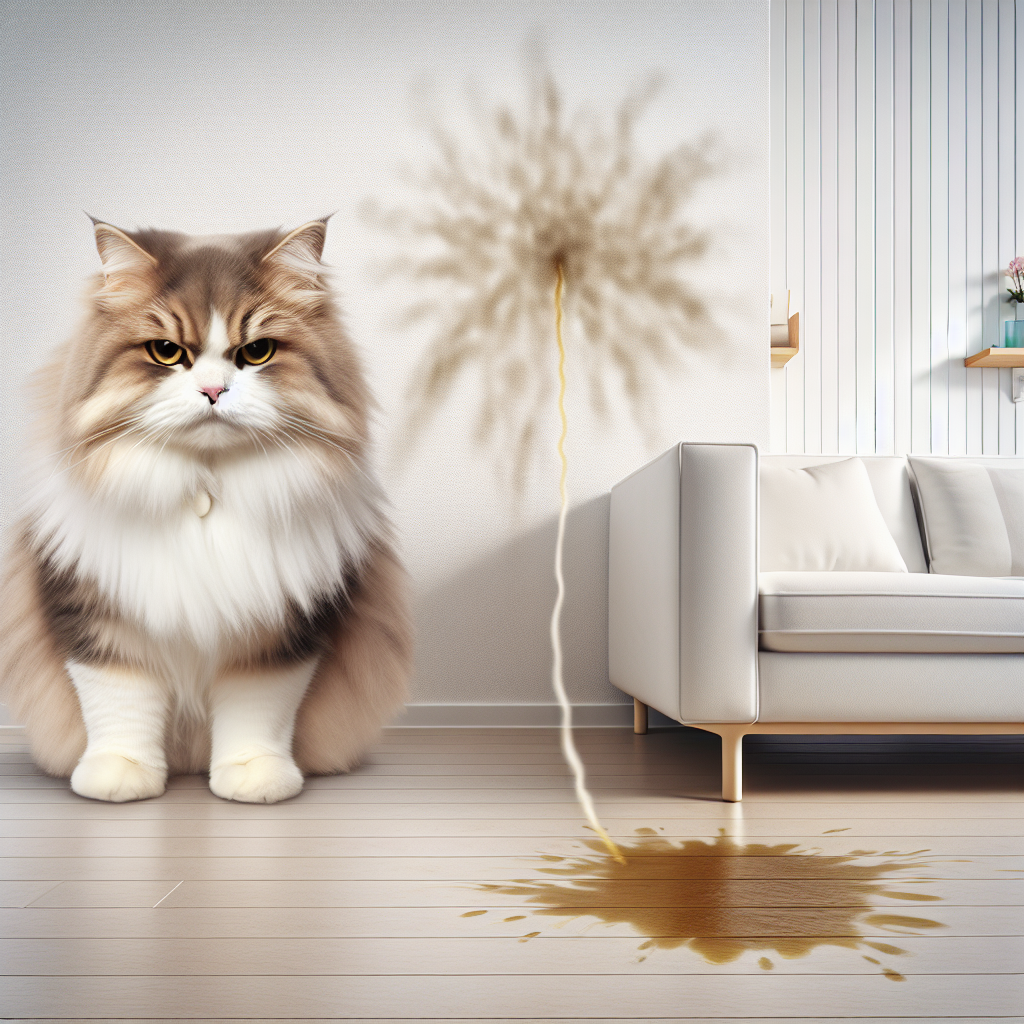 A fluffy domestic cat, with a somewhat defiant or stressed expression, is caught in the act of spraying a stream of urine against a pristine white wall in a modern, well-kept living room. A faint, almost transparent cloud of unpleasant odor subtly emanates from the mark. The scene captures the owner's unseen frustration, emphasizing the contrast between the clean home and the unwelcome marking. Realistic, clean photography style.