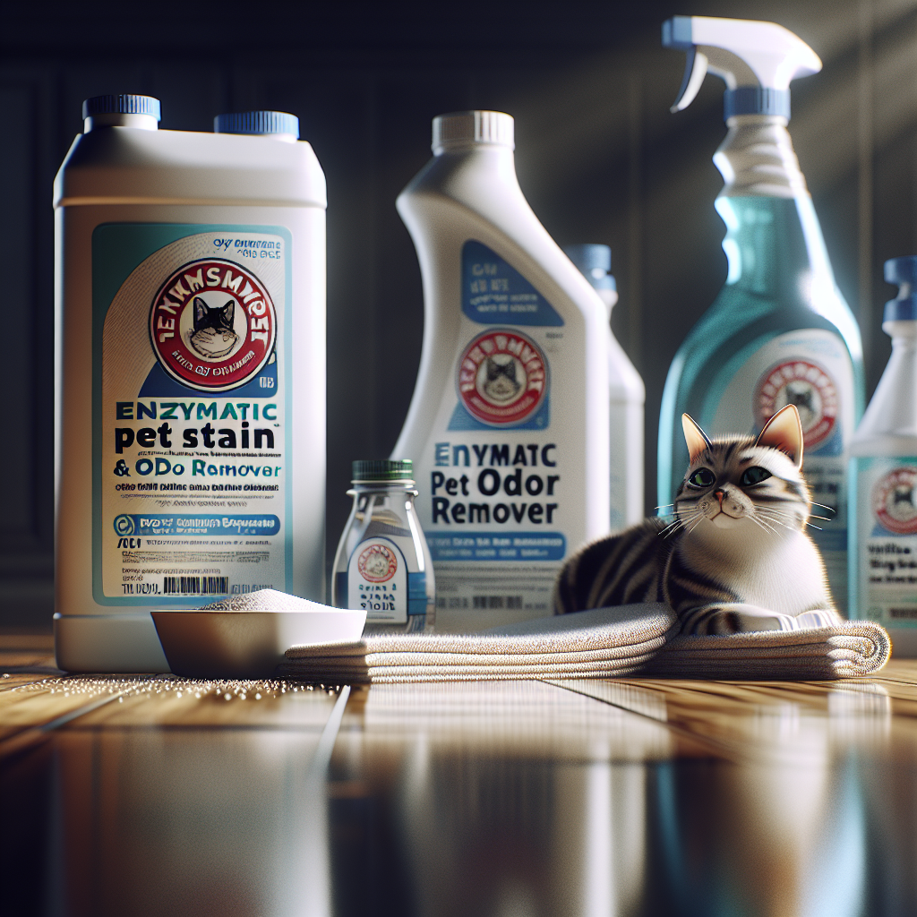A collection of cleaning remedies arranged on a polished wooden floor. In the foreground, a professional-looking bottle of 'Enzymatic Pet Stain & Odor Remover' stands prominently next to a small bowl of baking soda and a bottle of white vinegar. A microfiber cloth is draped nearby. In the background, slightly blurred, a subtle, almost invisible 'cat mark' on the floor suggests the problem being tackled. The lighting is bright and clean, conveying effectiveness and a sense of fresh start. Realistic still life photography.