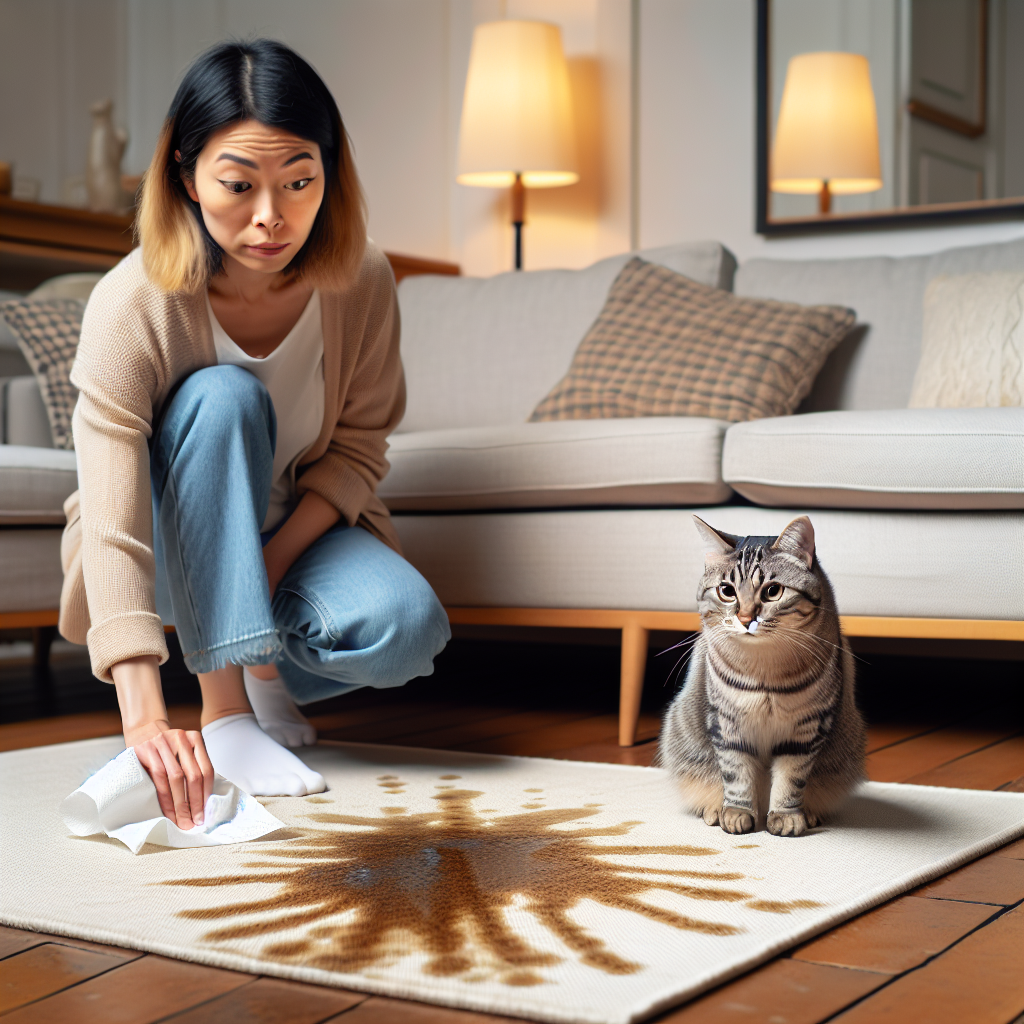 A domestic scene depicting a fresh cat urine stain on a light-colored living room carpet. A person kneels, looking slightly frustrated and holding a paper towel to blot the stain, while a tabby cat sits nearby, observing the situation with a calm expression. The image conveys the common problem of pet accidents and the immediate need for cleaning. Realistic style, soft, natural lighting.