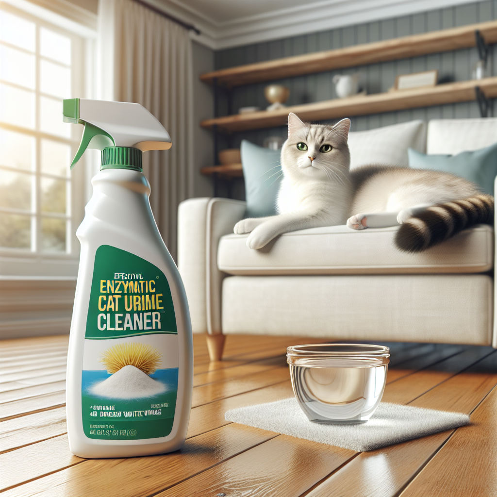 A bright, clean domestic setting showcasing effective solutions for pet odors. A bottle of an enzymatic cat urine cleaner and a small bowl containing white vinegar are prominently displayed on a gleaming, spotless wooden floor. In the background, a content, relaxed cat is curled up peacefully on a sofa, reflecting an odor-free and fresh home environment. Realistic style, bright natural light.