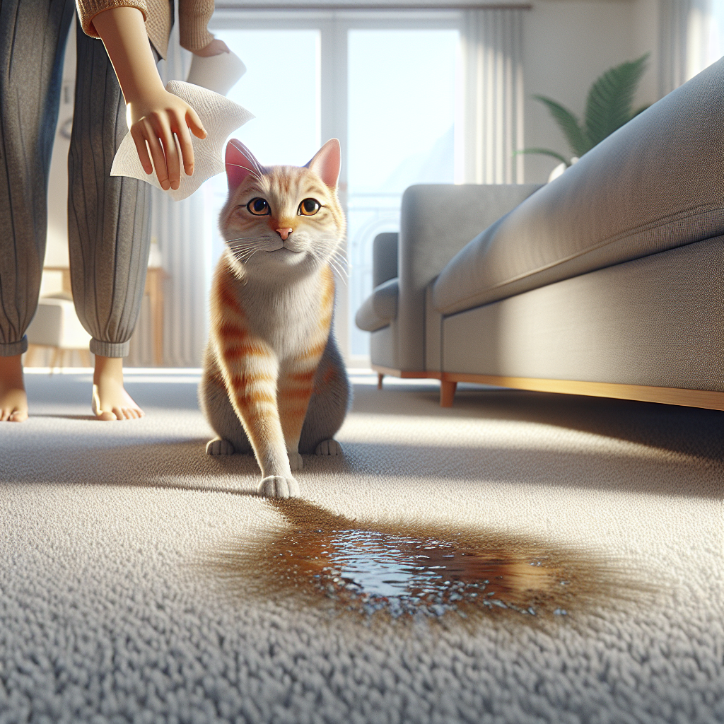 A slightly guilty-looking domestic cat (e.g., tabby or ginger) stands near a small, subtle wet spot on a light-colored, cozy living room carpet. A human hand quickly enters the frame, holding absorbent paper towels or a cleaning cloth, ready to blot the fresh urine stain. The setting is a clean, modern home interior, well-lit, emphasizing urgency and the immediate start of the cleaning process. High-detail, realistic photography, natural light.