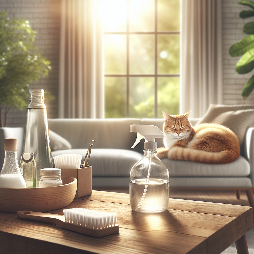 A bright, serene, and immaculately clean living room interior, bathed in soft, natural light, conveying a strong sense of freshness and purity. On a stylish wooden coffee table, a glass bottle of vinegar, an open box of baking soda, and a generic spray bottle are neatly arranged, symbolizing effective home remedies. A relaxed and content cat is curled up sleeping peacefully on a nearby armchair, reinforcing the idea of a peaceful, odor-free home. High-detail, realistic photography, soft focus in the background.
