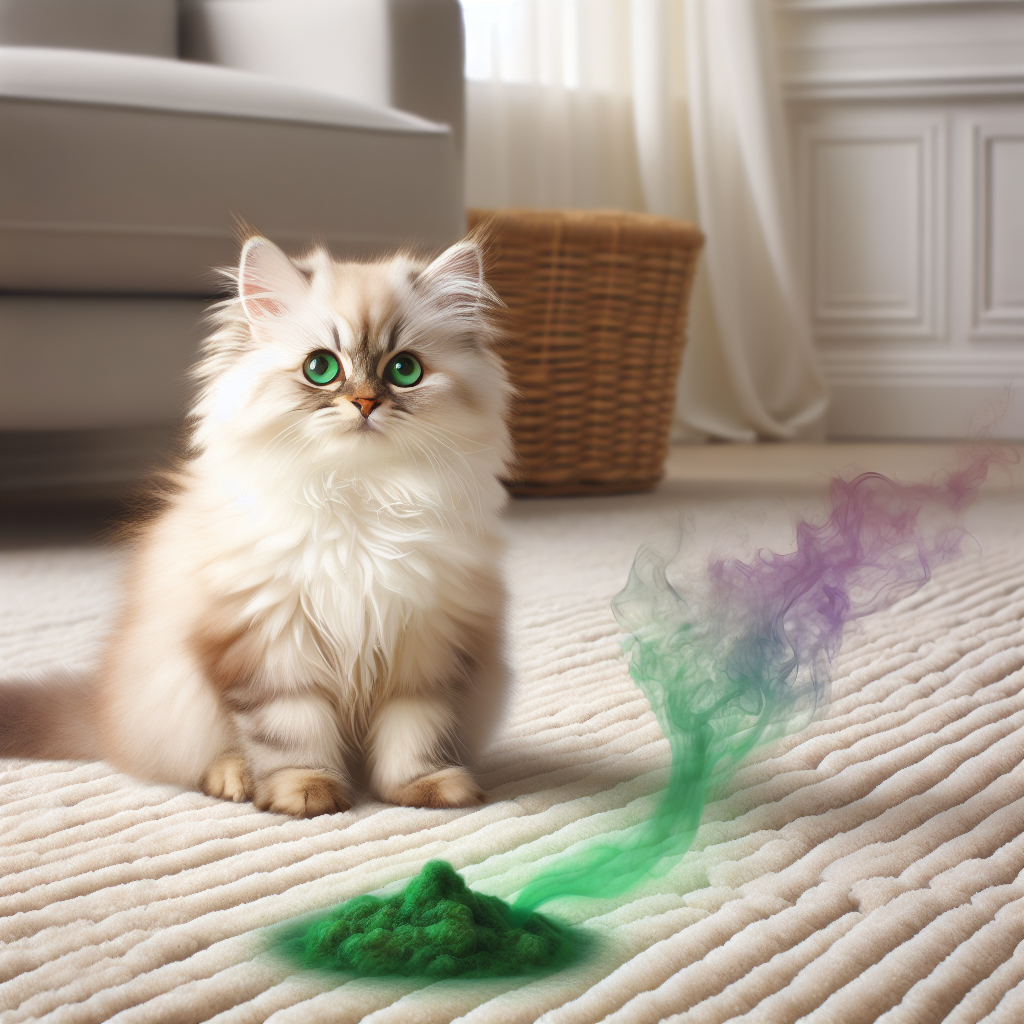 A fluffy cat looks up innocently, sitting next to a subtle, slightly discolored spot on a light-colored carpet. A faint, swirling visual representation of an unpleasant, ammoniacal odor (like a wispy purple-green cloud) emanates from the spot. The scene conveys the strong, lingering smell of cat urine in a cozy home, with a hint of exasperation. Realistic style, soft lighting.