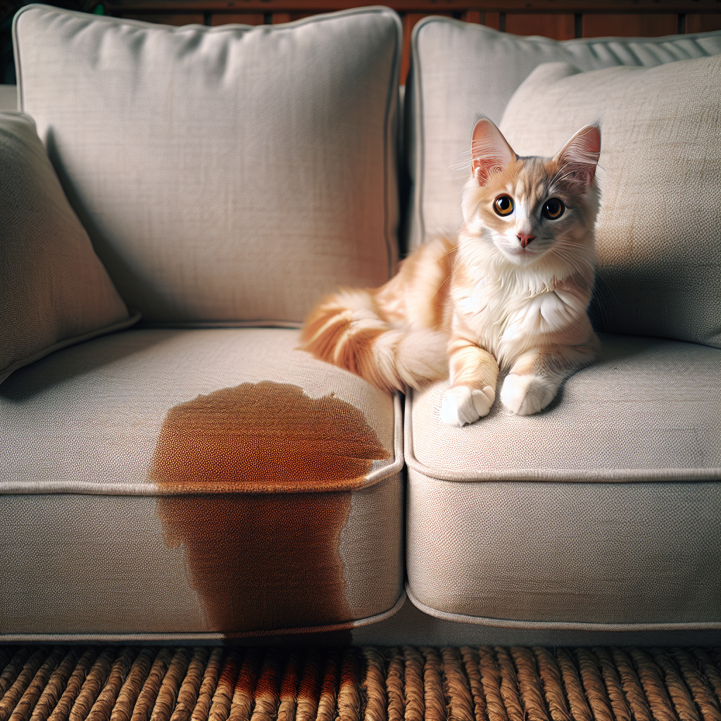 A light-colored fabric sofa with a subtle, wet urine stain on one cushion. A cute, fluffy domestic cat is sitting nearby on the sofa, looking slightly guilty or mischievous. The setting is a cozy living room, emphasizing the common domestic problem. Realistic photo, soft lighting.
