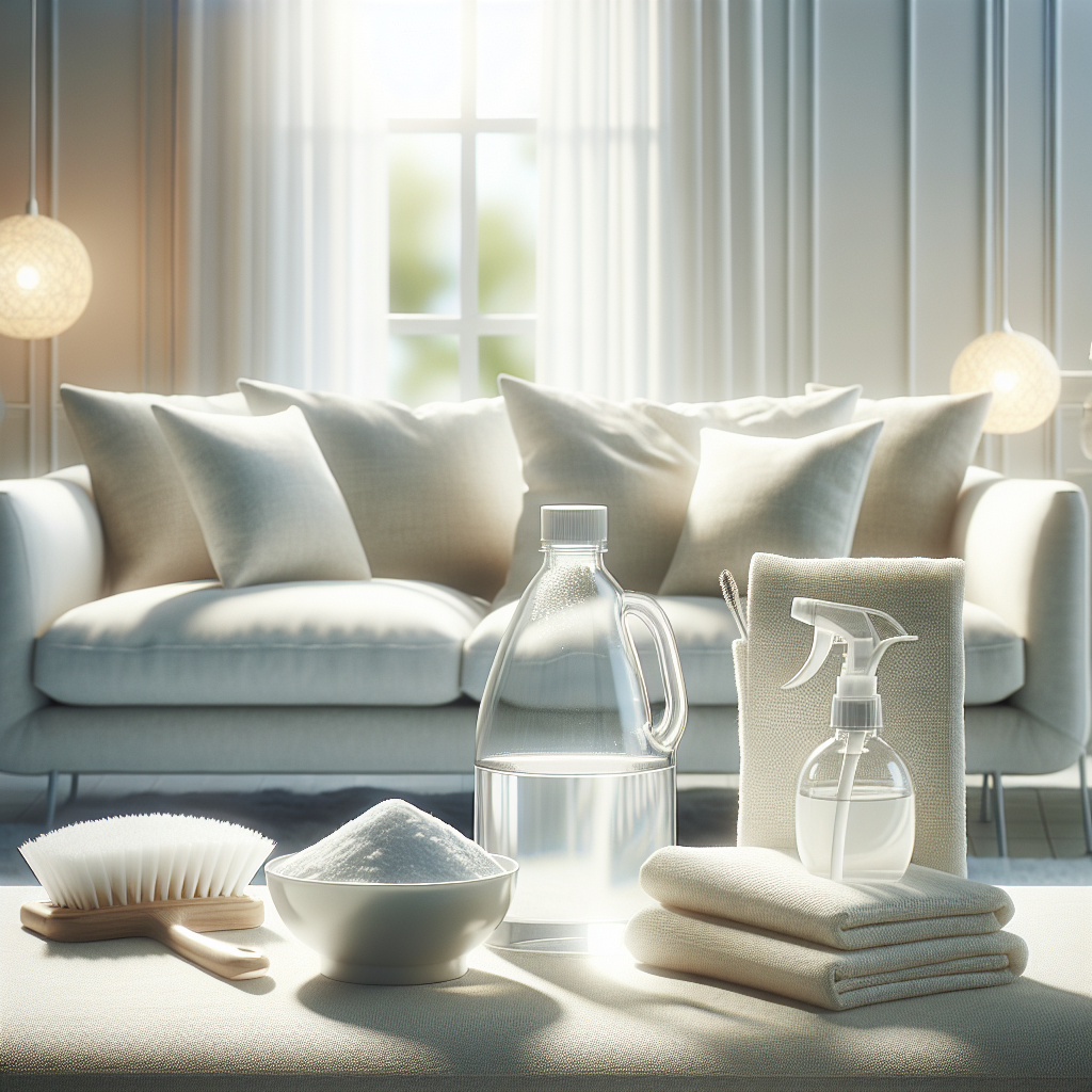 A clean, fresh-looking fabric sofa in a bright, airy living room. On one of the cushions, there are a few cleaning items neatly arranged: a bottle of white vinegar, a small bowl of baking soda, and a clean microfibre cloth. The scene conveys a sense of cleanliness, freshness, and effective home remedies. Realistic photo, natural light.