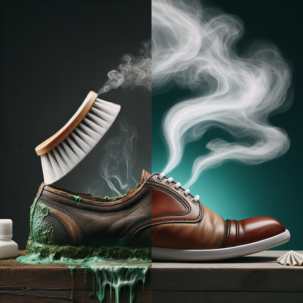 A visually striking contrast: one side shows an old, slightly damp and musty-looking leather shoe with faint green wisps symbolizing an unpleasant odor. The other side shows the same shoe, now pristine, clean, and emitting subtle, clean white wisps symbolizing a fresh, pleasant scent. The setting is clean and bright, emphasizing the before-and-after effect.