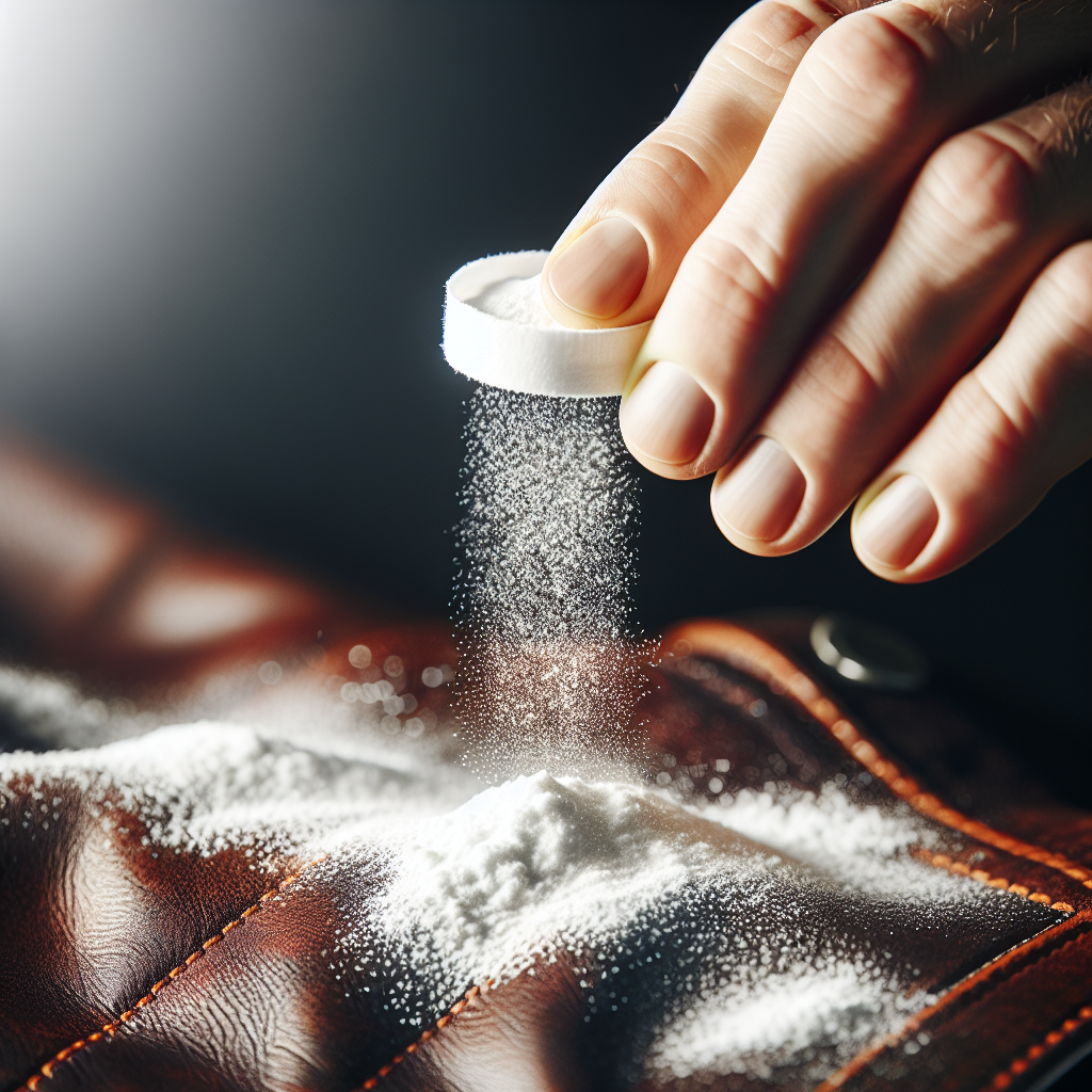 Close-up shot of a human hand gently sprinkling a generous amount of white baking soda powder onto the surface of a dark brown leather jacket. The texture of the leather is visible, and the baking soda is settling softly, subtly suggesting the absorption of old, unpleasant odors and the start of a refreshing process. Bright, clean lighting.