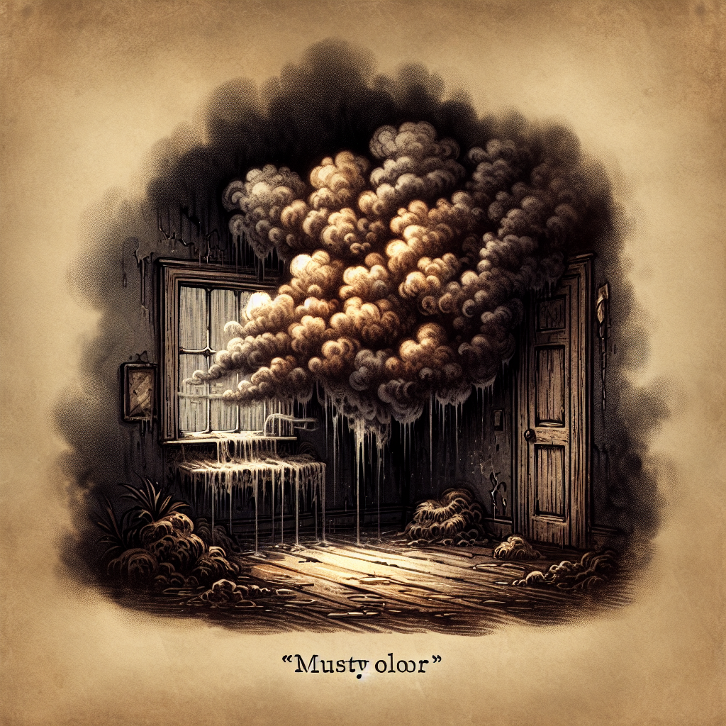 A visually unpleasant, swirling cloud of brownish-grey 'musty odor' emanating from a damp, dark corner of a neglected room, with subtle hints of moisture and old, possibly moldy textiles. The atmosphere is heavy and stale, representing 'Modergeruch'.