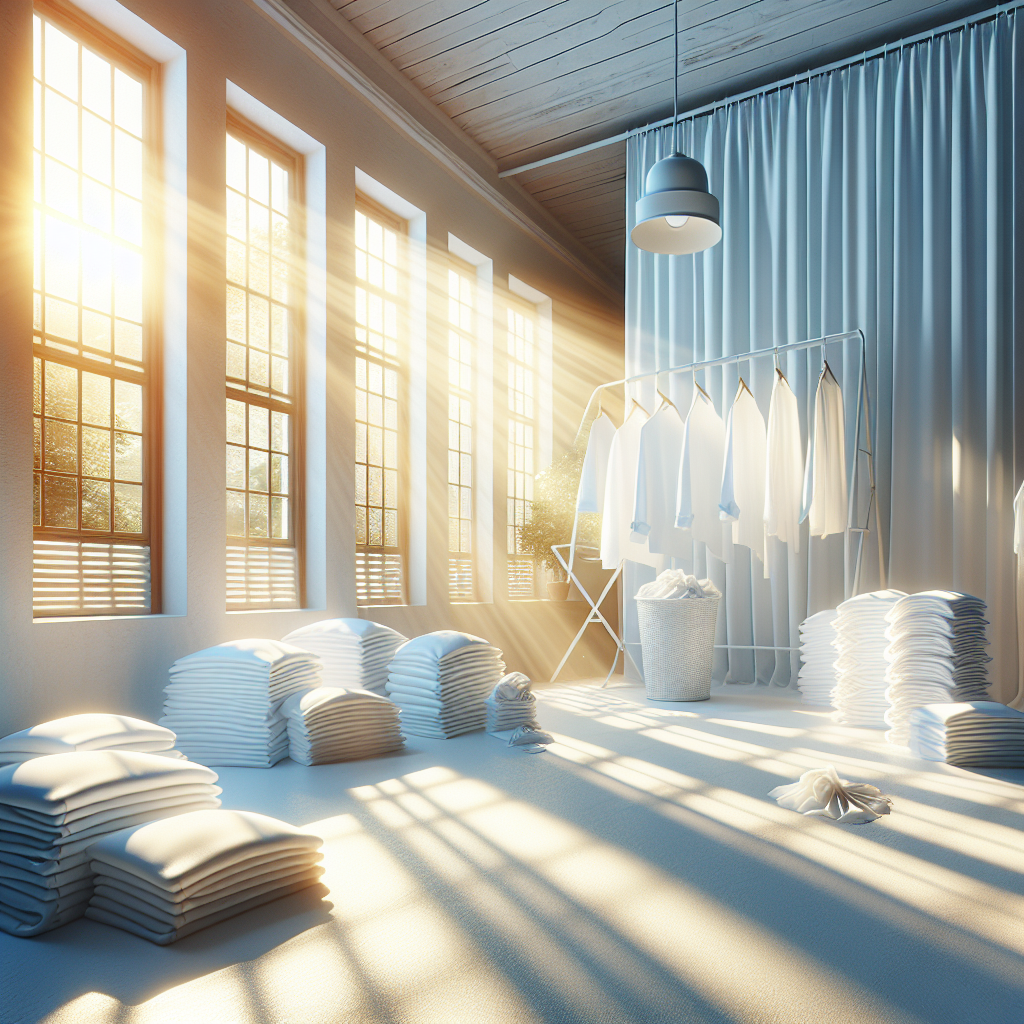 A bright, clean room filled with fresh air and sunlight streaming through an open window. White, crisp textiles are neatly folded or drying, radiating a sense of cleanliness and natural freshness, symbolizing the successful removal of unpleasant odors.