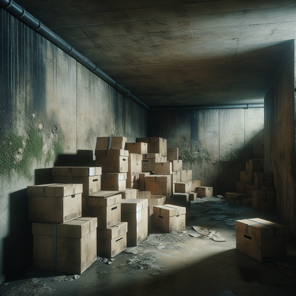A realistic, high-detail photograph of a neglected, damp basement corner. The concrete walls show subtle signs of moisture and faint mold patches. Stacked, slightly warped cardboard boxes sit on a dusty floor, suggesting a musty, unpleasant atmosphere. The lighting is dim and atmospheric, emphasizing the dampness and age. Focus on texture and subtle visual cues of odor.