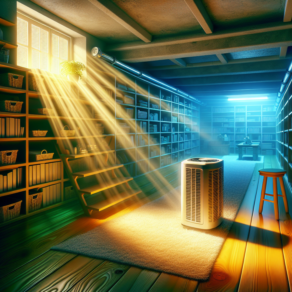 A realistic, bright photograph of a transformed, clean basement. Sunlight streams through a small window or a well-lit entrance, illuminating organized storage shelves. The walls are dry and freshly painted, and the floor is spotless. A modern dehumidifier silently runs in the background, symbolizing freshness and a successful fight against musty odors. The overall feeling is airy, clean, and refreshing.