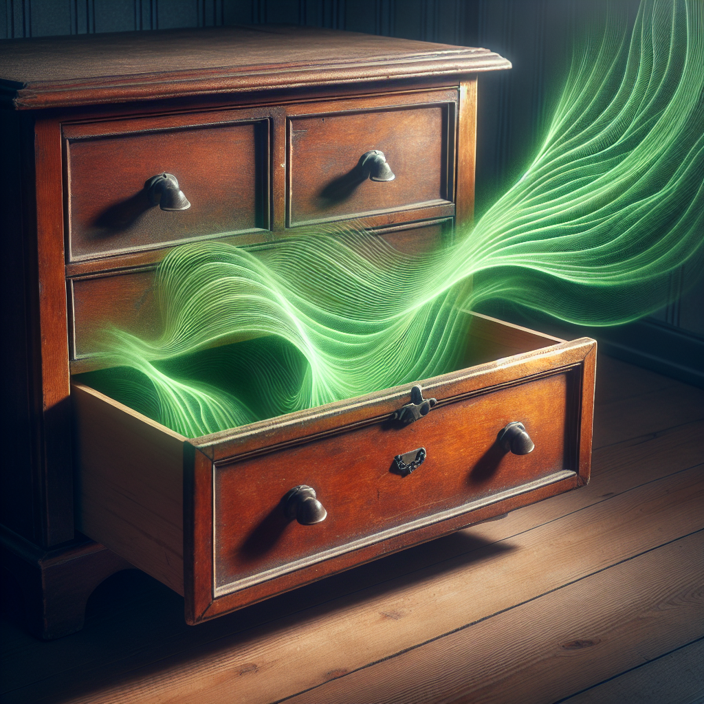 A close-up of an antique wooden chest of drawers, slightly ajar, with a subtle, stylized green mist or wavy lines subtly emanating from inside, symbolizing a musty, unpleasant odor. The room is slightly dim, suggesting a hint of dampness. Realistic photo, atmospheric lighting.