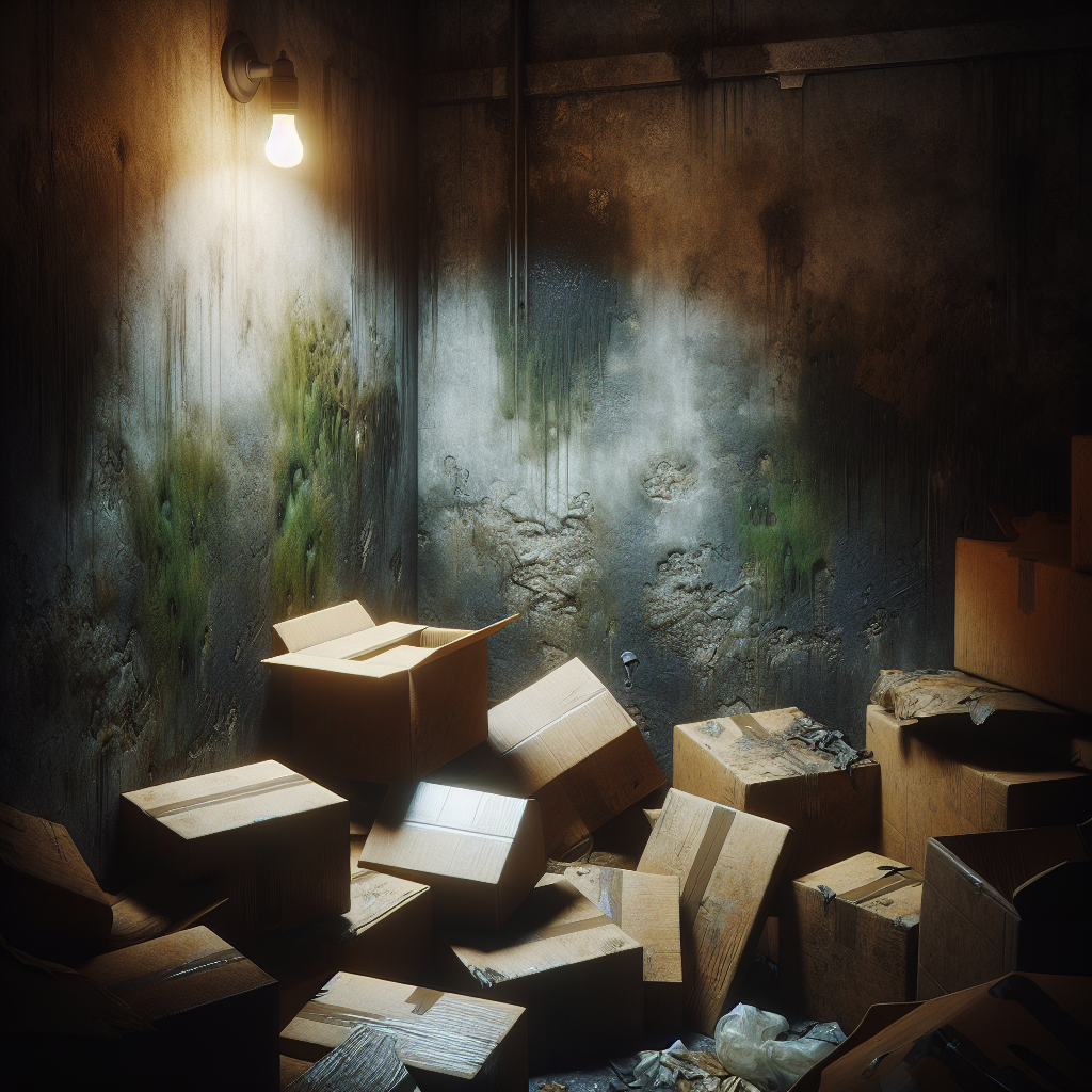 A dark, damp, and neglected basement corner. Old, slightly water-stained cardboard boxes are stacked against a concrete wall with a faint patch of green mold. The atmosphere feels heavy and musty, with a weak, yellowish lightbulb barely illuminating the scene. Realistic photography, slightly desaturated colors.