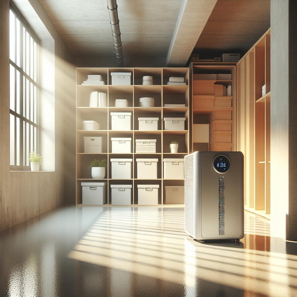 A bright, clean, and freshly aired basement. Sunlight streams through a small, open window, illuminating a pristine concrete floor. A modern dehumidifier stands subtly in the corner, and a few neatly organized, dry storage bins are stacked. The overall impression is one of freshness, order, and a healthy, inviting environment. Realistic photography, warm and clean colors.