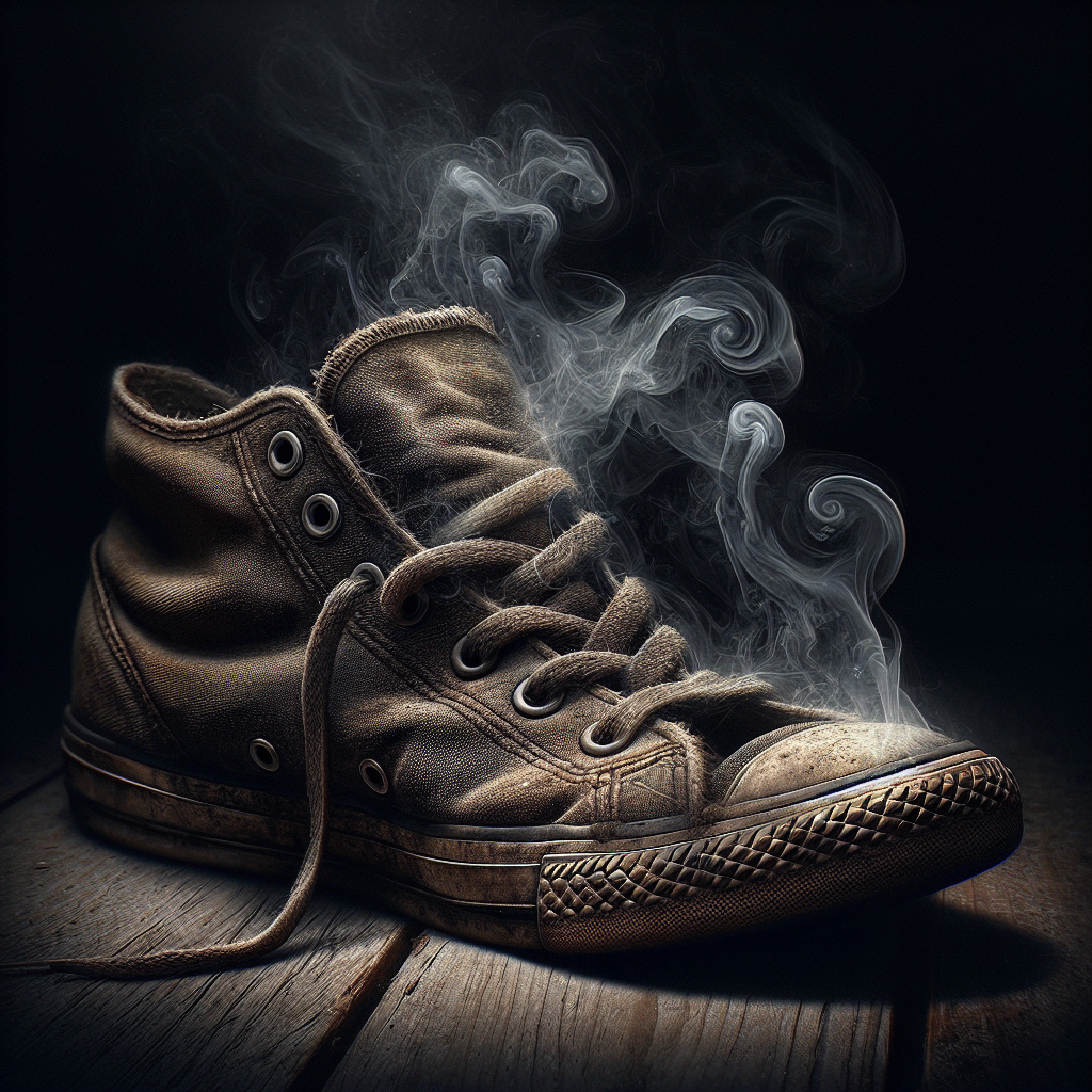 A close-up of a well-worn, slightly damp sneaker, with a subtle, dark, swirling vapor emanating from its opening, visually representing a strong, unpleasant musty odor. The setting is dimly lit, perhaps a corner or closet, emphasizing dampness. Realistic photo style, atmospheric, slightly moody.