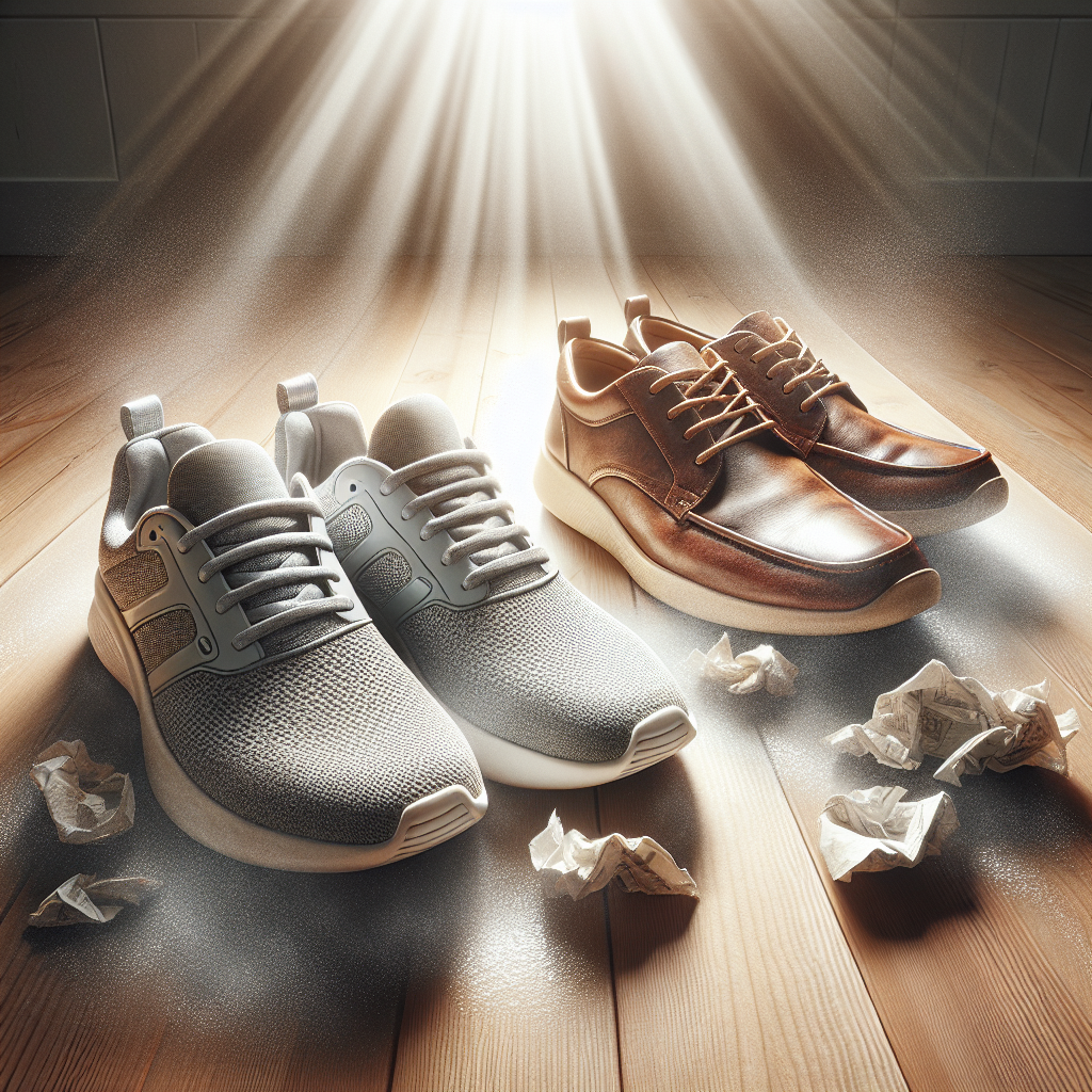 A pair of clean, dry shoes (one athletic sneaker, one casual leather shoe) sitting on a clean wooden floor in a well-lit room with natural light. Sunlight streams in, highlighting a subtle clean vapor or fresh air surrounding them. One shoe has crumpled newspaper peeking out from the inside. The image conveys a sense of freshness, dryness, and cleanliness after proper care. Realistic, bright, and airy photo style.