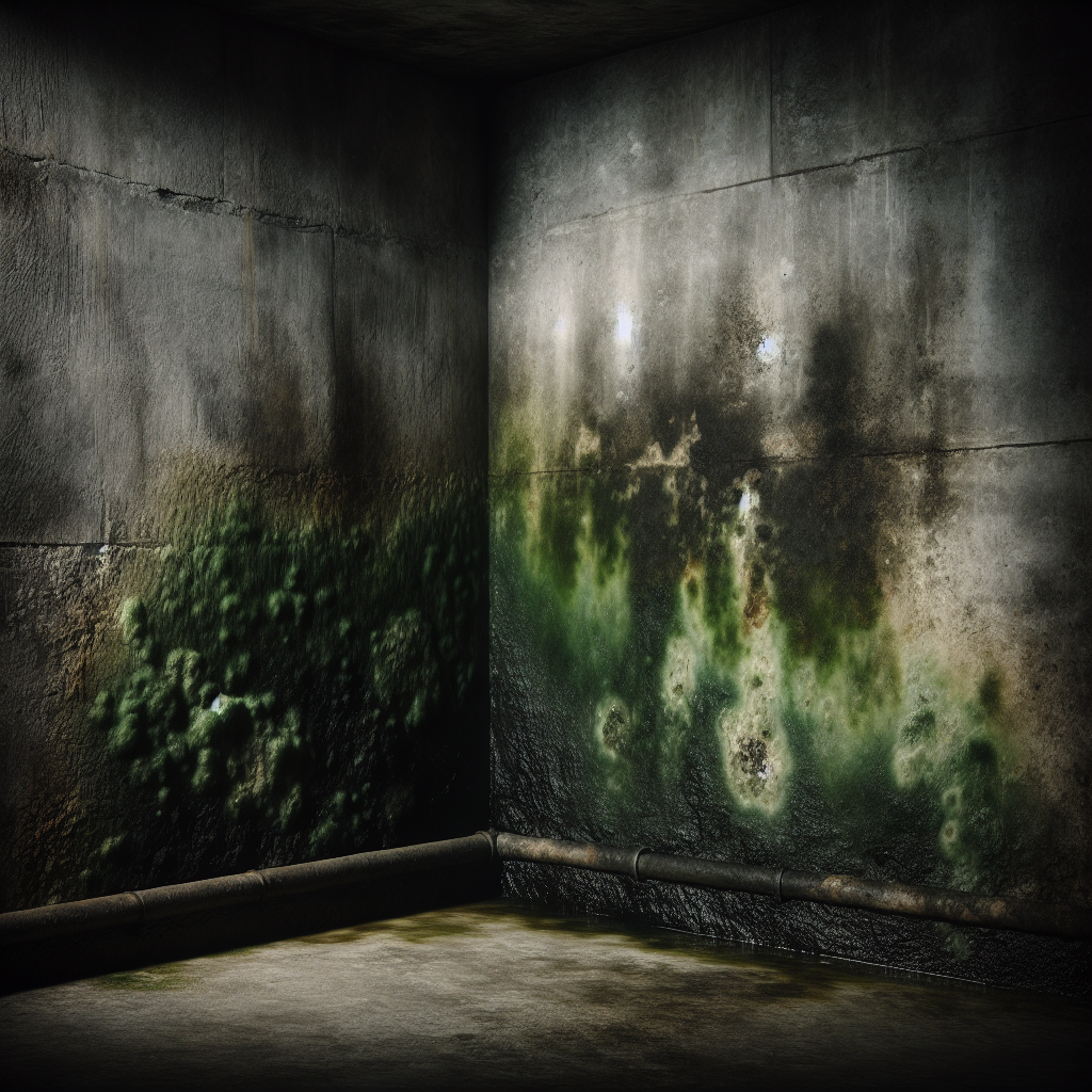 A dark, damp basement corner with subtle green mold on the concrete wall. Faint, wavy green-brown lines emanate from the corner, symbolizing a strong, unpleasant musty odor. Realistic photographic style, uninviting atmosphere, humid feel.