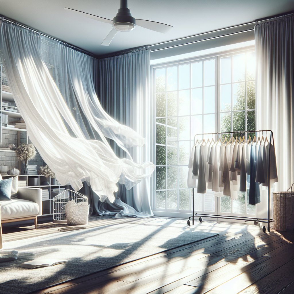 A bright, airy living room with a large window opened wide, letting in abundant sunlight and a fresh breeze. White, billowing curtains suggest movement. A clothes rack with freshly laundered, clean textiles stands nearby. Emphasize cleanliness, freshness, and good ventilation. Realistic photographic style, inviting atmosphere.