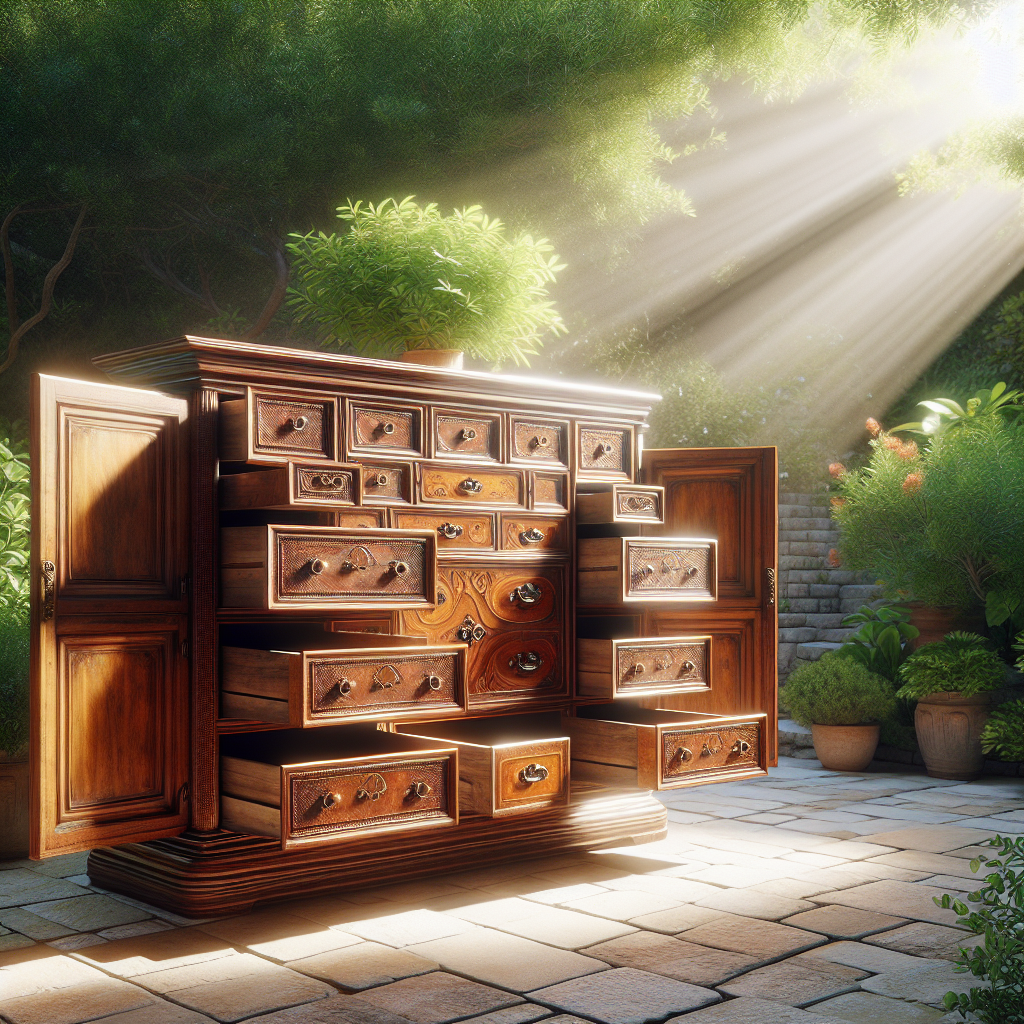 A beautiful, vintage wooden cabinet stands outdoors on a sunny day, all its drawers and doors wide open. It's positioned on a clean patio or amidst a lush, green garden. Bright sunlight bathes the wood, and a sense of fresh air and gentle breeze fills the scene, symbolizing the airing-out process to remove musty smells. The atmosphere is bright, clean, and hopeful. Photorealistic, high detail.