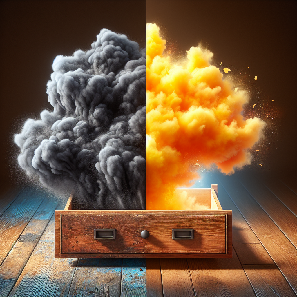 A visually striking conceptual image illustrating the transformation from a musty smell to fresh air in furniture. On one side, a shadowy, dark, unpleasant cloud of odor emanates from an old, slightly weathered wooden drawer or cupboard interior. On the other side, or gracefully replacing it, is a bright, clean, almost glowing puff of fresh air or a pleasant, light aroma symbol. The contrast is stark, showing the expulsion of bad smell and the welcoming of freshness. The image should be clean, modern, and symbolic, with a focus on light and shadow. Photorealistic, high detail.