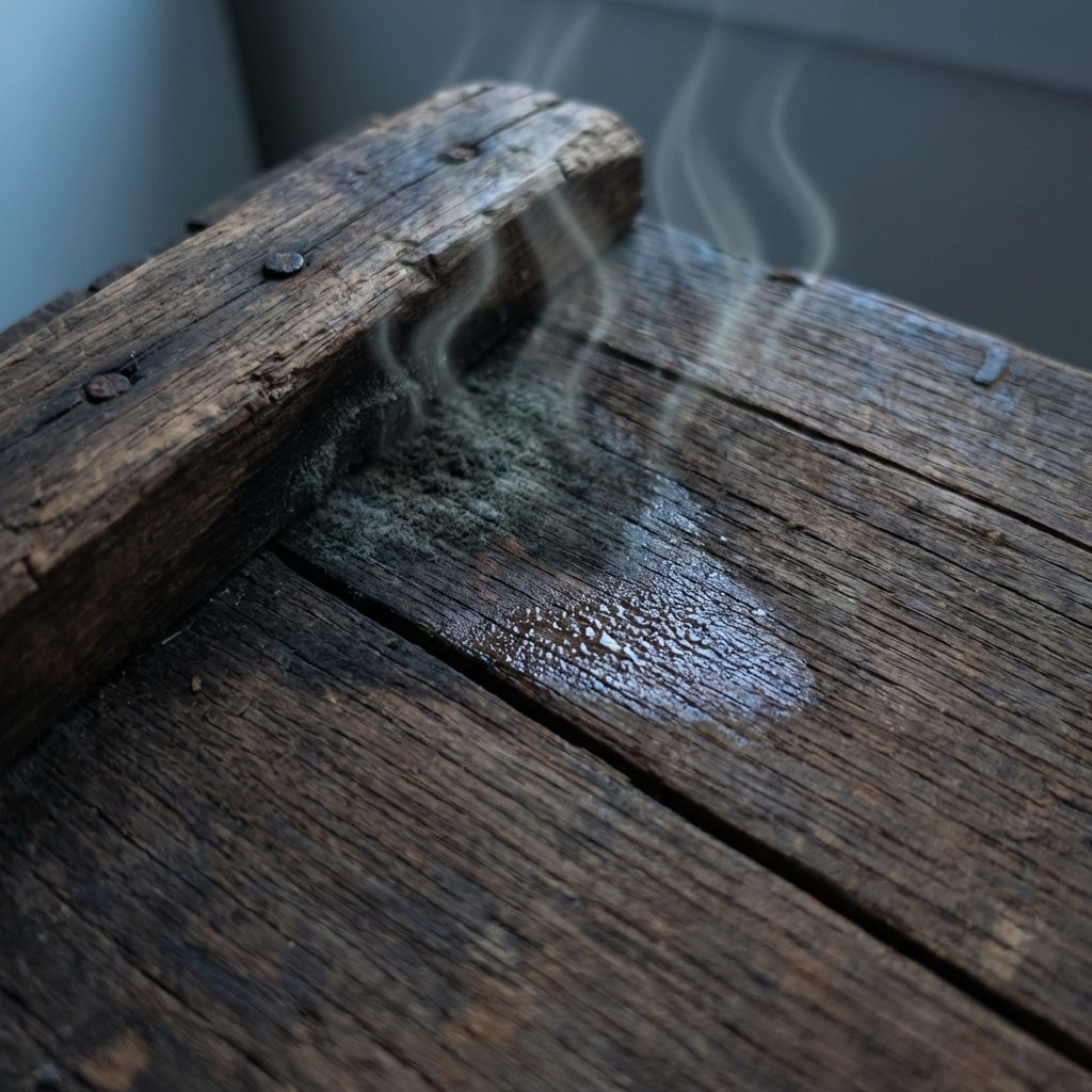 A close-up, slightly elevated perspective of a dark, damp wooden floorboard or section of an old wooden chest. One area of the wood shows subtle dark stains and a slightly fuzzy texture, visually hinting at mold growth. A few tiny water droplets or a shimmering damp patch are visible on the surface. Abstract, subtle wavy lines emanate from the affected area, visually representing an unpleasant, musty odor. The overall mood is slightly somber but informative, emphasizing texture and atmospheric light. Professional photo.