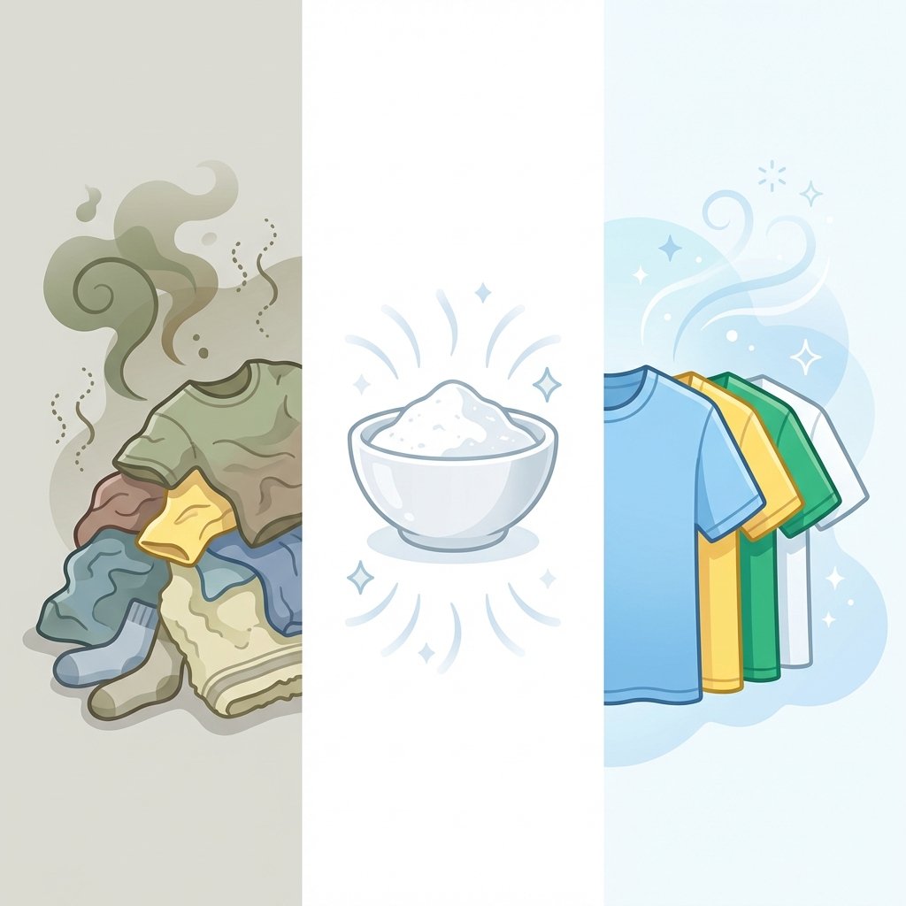 A split-scene flat illustration depicting the transformation of clothes from musty to fresh. On the left side, a pile of slightly damp, wrinkled clothes in muted colors, with subtle, abstract, dark green or brown cloud-like tendrils emanating from them, symbolizing unpleasant odors. In the center, a small, pristine white bowl filled with baking soda powder. On the right side, the same type of clothes, now looking clean, crisp, and vibrant, with light blue or white shimmering wisps rising, symbolizing freshness. The overall aesthetic should be clean and inviting.