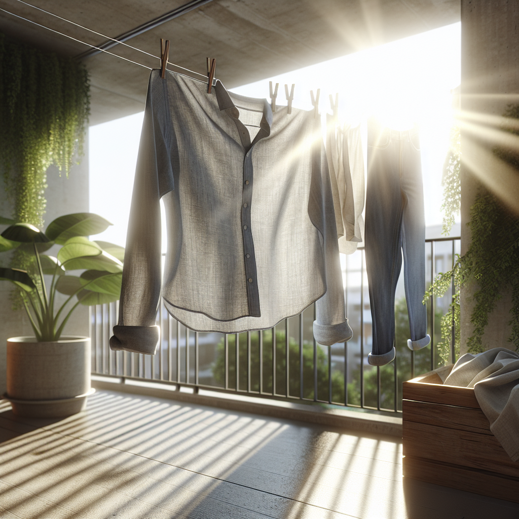 Fresh clothes, like a linen shirt and jeans, hanging on a clothesline on a sunny balcony with a gentle breeze. Sunlight streams through, highlighting the fabric. Green plants in the background add to the natural, clean feel. Realistic photo style.
