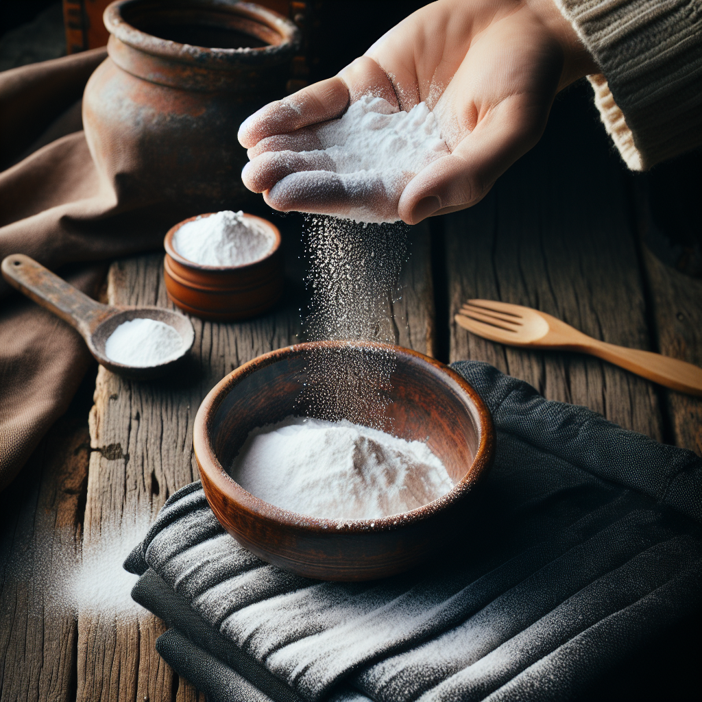 Close-up image of a hand gently sprinkling white baking soda powder over a dark fabric sweater laid flat on a wooden table. A small, rustic bowl of baking soda is visible nearby. Focus on the texture of the powder and fabric, conveying a clean and practical home remedy atmosphere. Realistic photo style.
