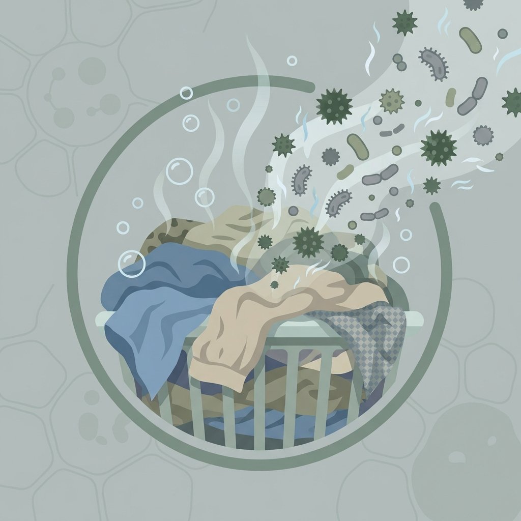 A detailed flat illustration depicting the microscopic causes of musty odors in clothing. The scene shows a pile of damp, slightly wrinkled clothes, perhaps in a laundry basket. From the fabric, tiny, stylized representations of mold spores and bacteria are visibly emanating and multiplying, rendered in muted greens and grays. Subtle wisps of vapor or moisture lines underscore the dampness. The overall composition should clearly communicate the unseen microbial growth thriving in a moist textile environment, emphasizing the source of the unpleasant smell.