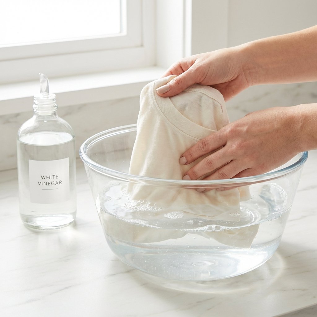 A bright, professional photo capturing the act of pre-treating clothes to remove musty smells. The image focuses on a pair of clean, adult hands gently pushing a piece of light-colored fabric (e.g., a cotton shirt or towel) into a clear glass or ceramic basin filled with water. A bottle of white household vinegar, partially visible, rests on a clean, light-colored countertop next to the basin. The water should appear clear and fresh, conveying a sense of cleanliness and an effective remedial action.
