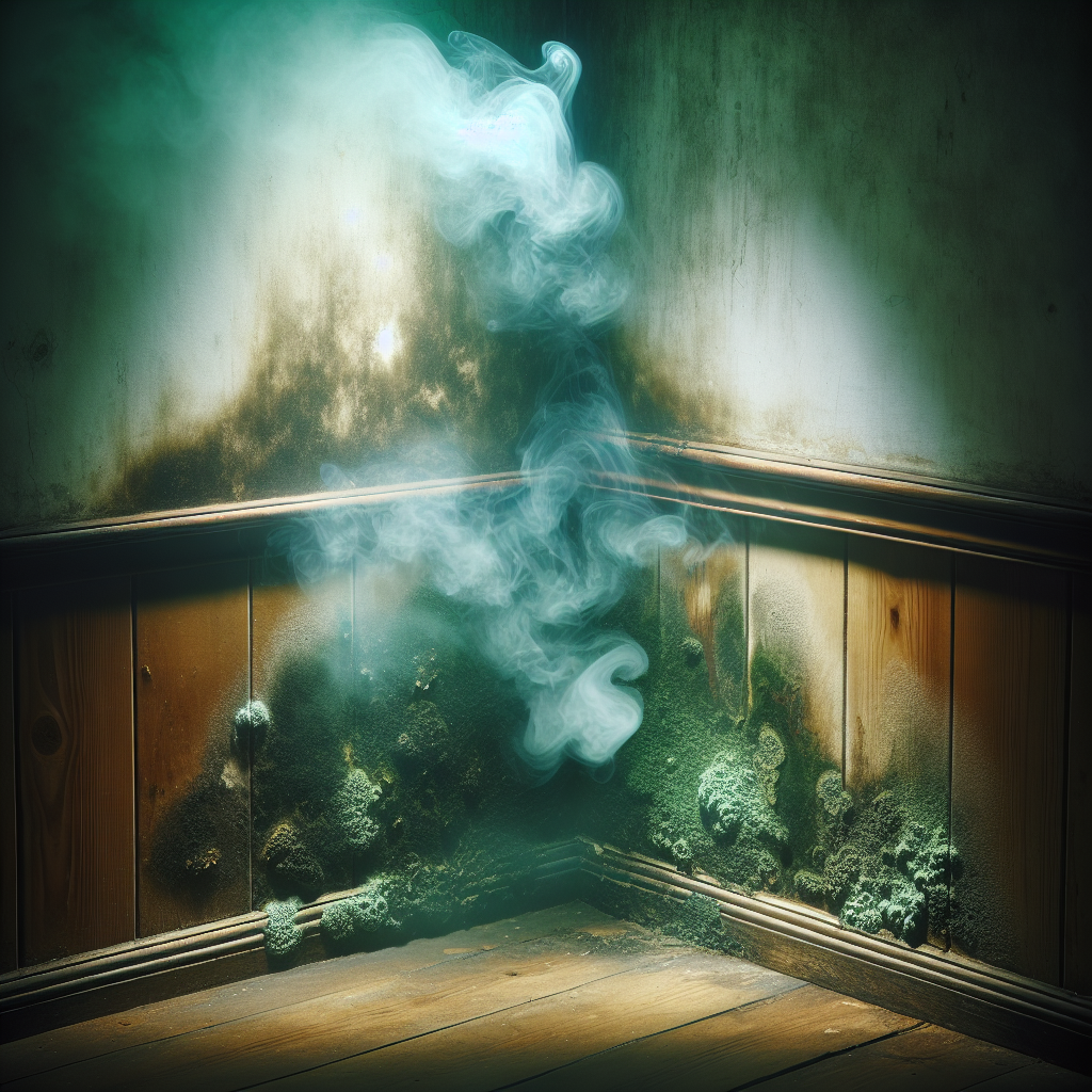 A subtly unsettling image of a dimly lit, old room corner. A faint, ethereal, musty green-brown mist gently emanates from behind slightly peeling wallpaper and a damp-looking wooden baseboard. The atmosphere feels heavy and damp, hinting at an unseen mold problem, with no direct visible mold, focusing on the unpleasant smell.