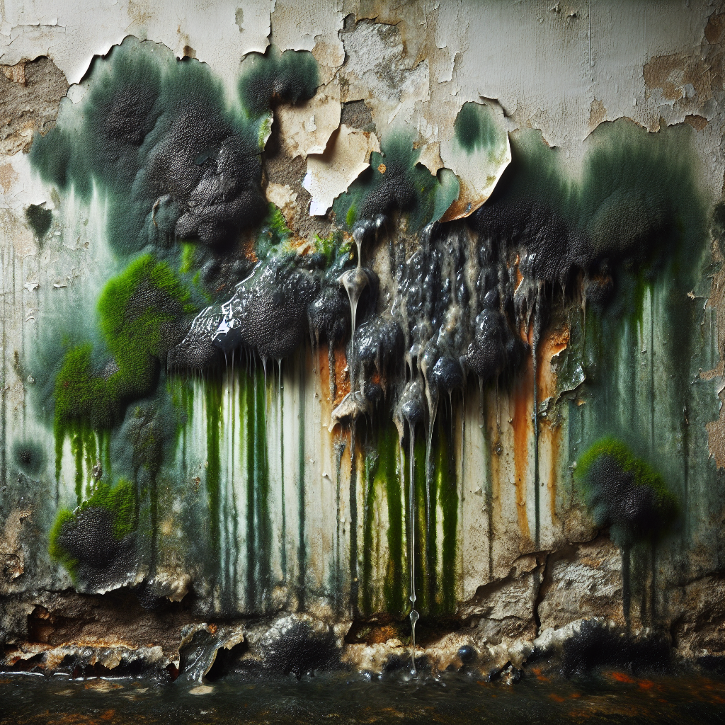 Close-up of a visibly damp and damaged wall with dark green and black mold spreading across it. Water stains are prominent, and a small, slow drip of water from a hidden pipe behind a section of peeling paint suggests the source of moisture. The image should evoke a sense of neglect and decay.