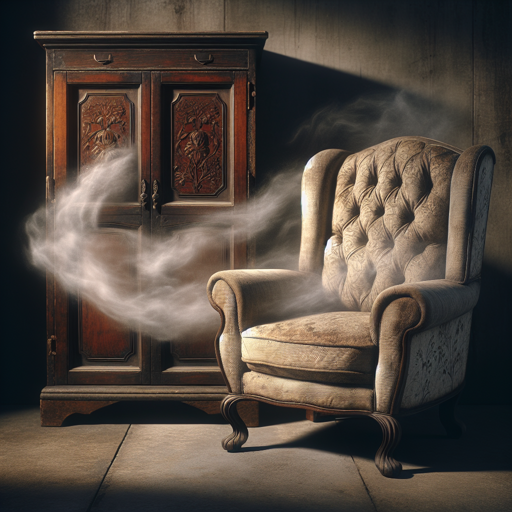 A vintage, somewhat dusty upholstered armchair or a dark wooden cabinet, emanating subtle, wispy grey 'odor clouds' that visually represent unpleasant smells. The setting is a slightly dim, indoor space, with a hint of a stale atmosphere. Realistic, high detail, emphasizing the problem of bad furniture odors.