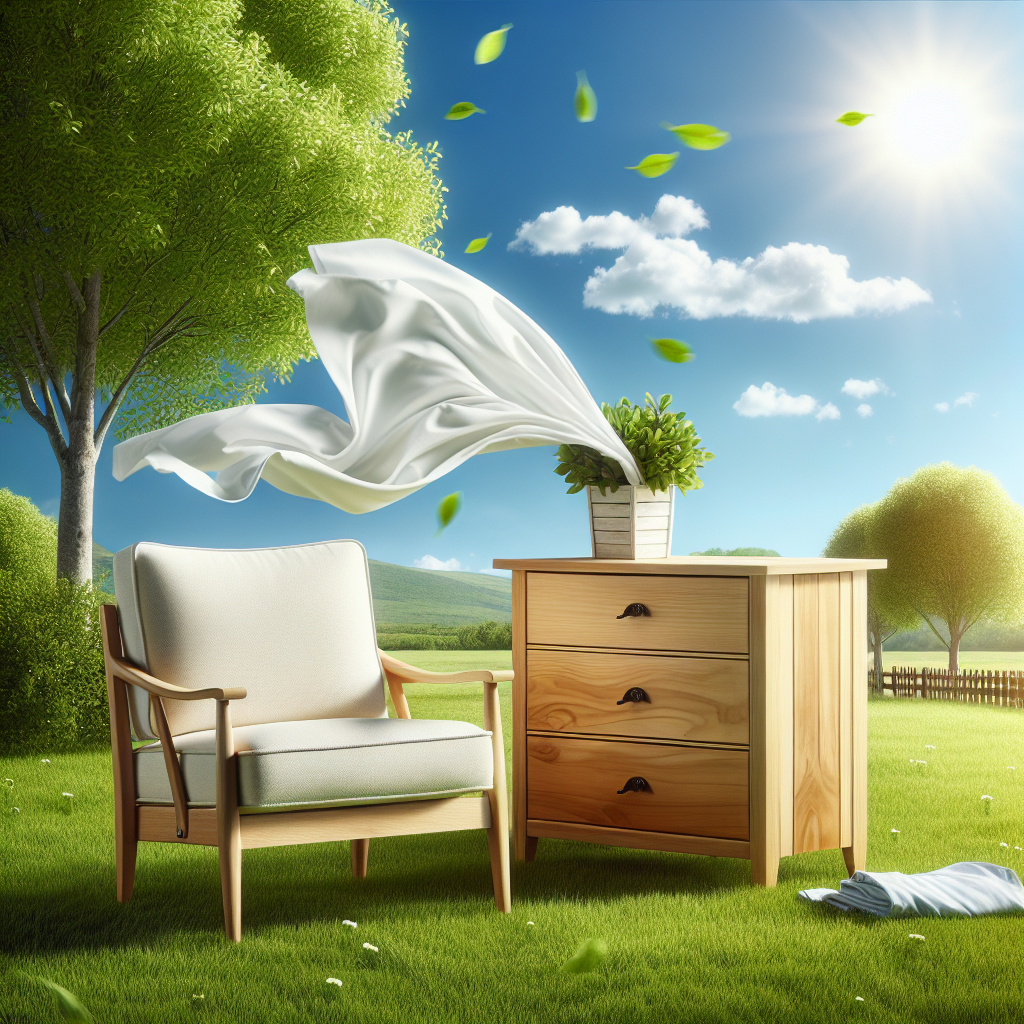 A bright, airy outdoor scene featuring a clean wooden chest of drawers and a light-colored armchair placed on a green lawn under a clear, sunny sky, being actively aired out. A gentle breeze is subtly suggested, with fresh green leaves or white fabric nearby, symbolizing natural freshness and cleanliness. Vibrant, inviting, high key lighting.