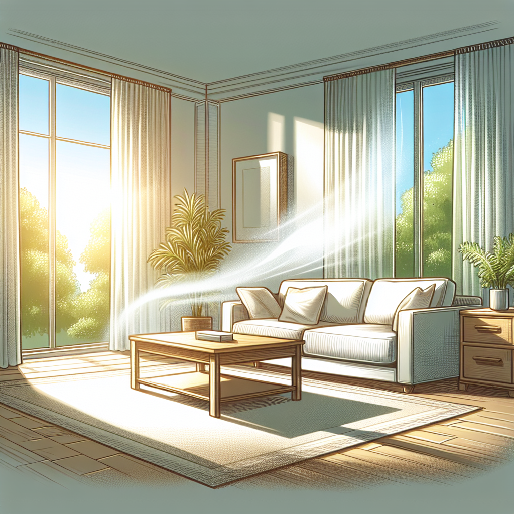 A bright, airy living room with a comfortable sofa and a wooden coffee table. The windows are wide open, letting in abundant fresh sunlight and a gentle breeze, symbolizing ventilation and the process of air purification. The scene conveys a sense of renewed freshness and cleanliness, with no visible smoke or odor, suggesting relief from persistent smells.